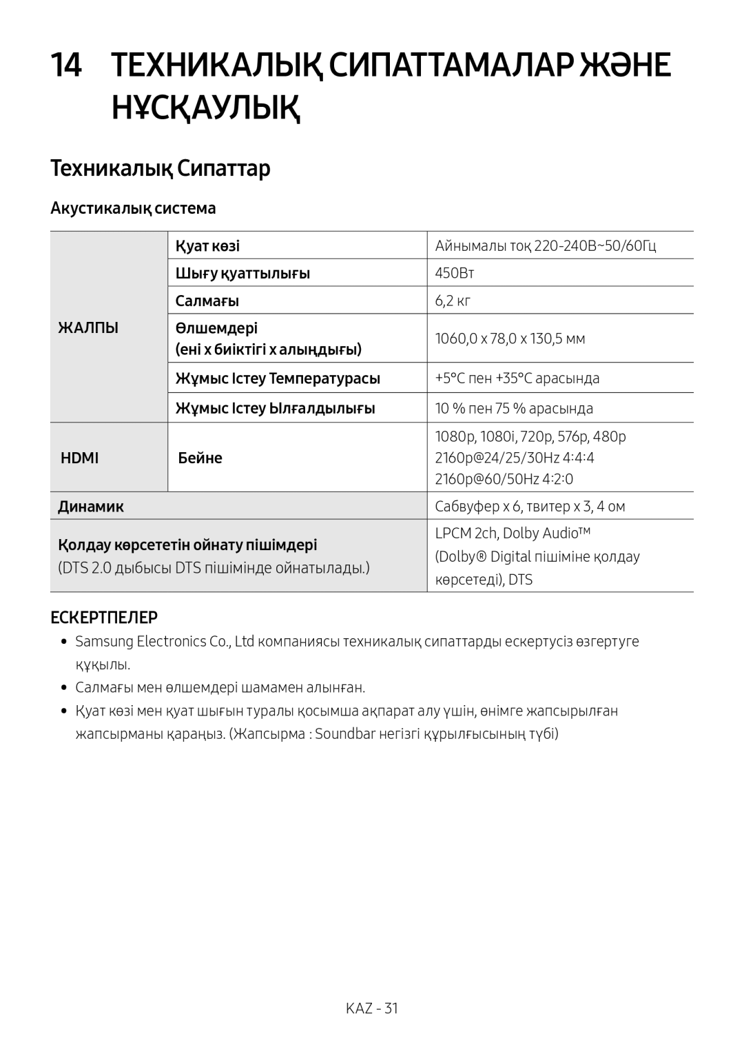 Samsung HW-MS650/RU manual 14 Техникалық Сипаттамалар Және Нұсқаулық, Техникалық Сипаттар, Aкустикалық система 