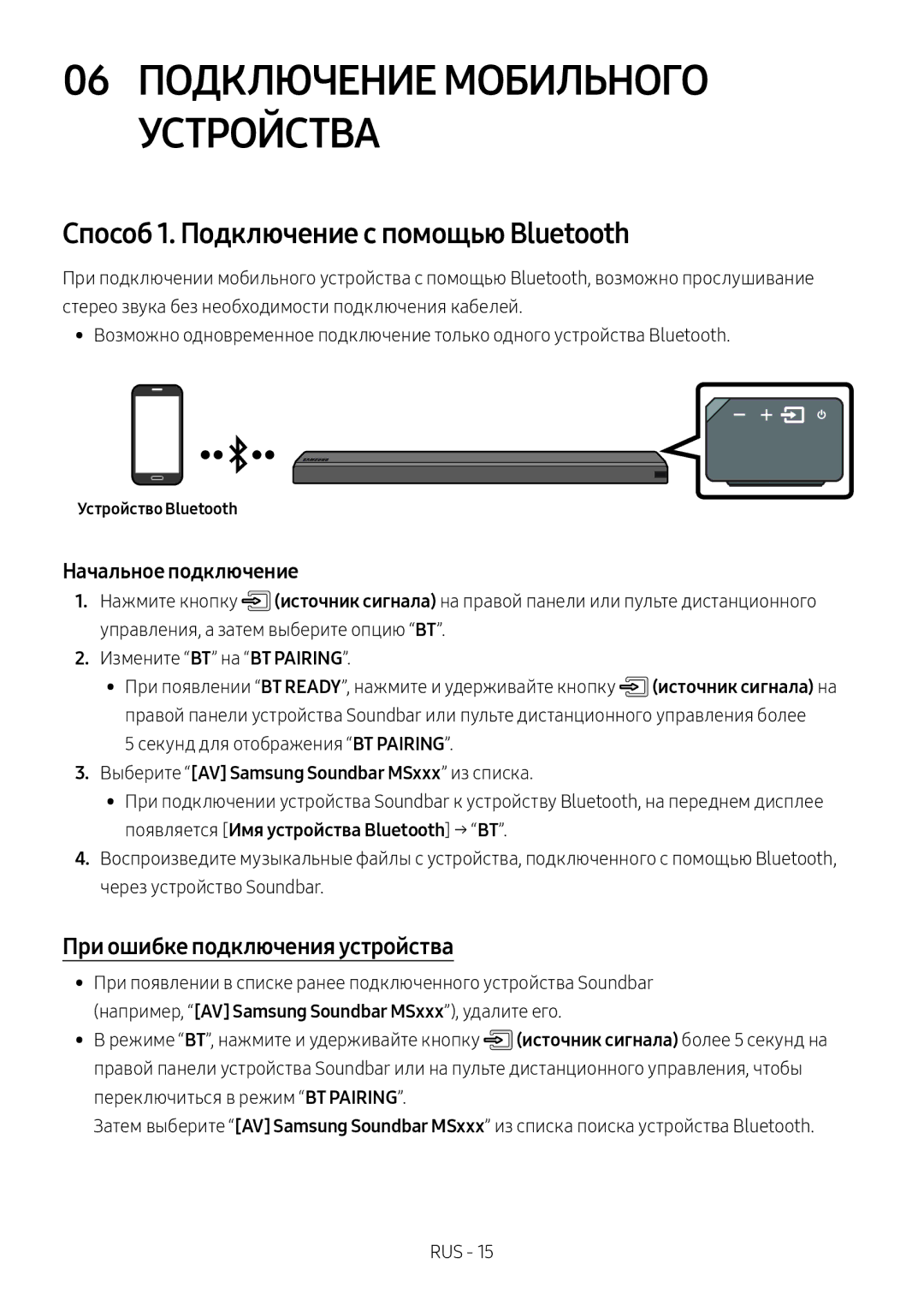 Samsung HW-MS650/RU Способ 1. Подключение с помощью Bluetooth, При ошибке подключения устройства, Устройство Bluetooth 