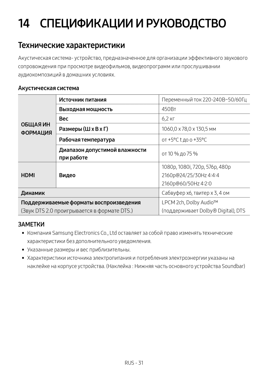 Samsung HW-MS650/RU manual 14 Спецификации И Руководство, Технические характеристики, Акустическая система 