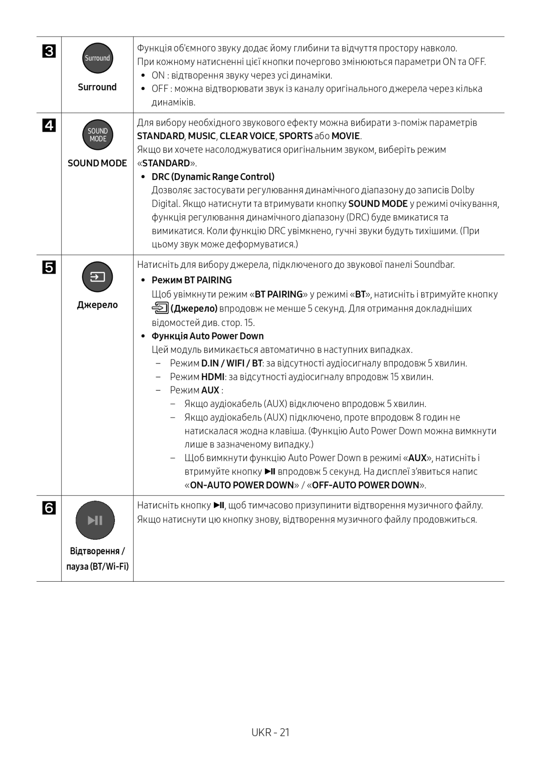 Samsung HW-MS650/RU manual STANDARD, MUSIC, Clear VOICE, Sports або MOVIE.SOUNDMODE, Функція Auto Power Down 