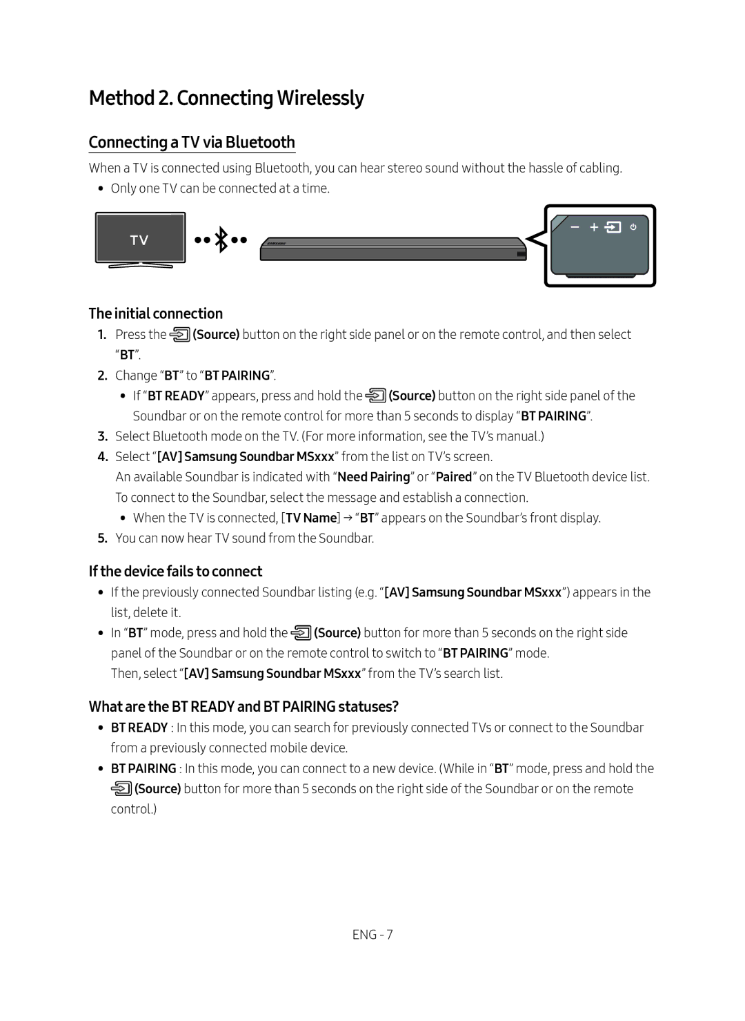 Samsung HW-MS651/XV, HW-MS650/XV manual Method 2. Connecting Wirelessly, Connecting a TV via Bluetooth, Initial connection 