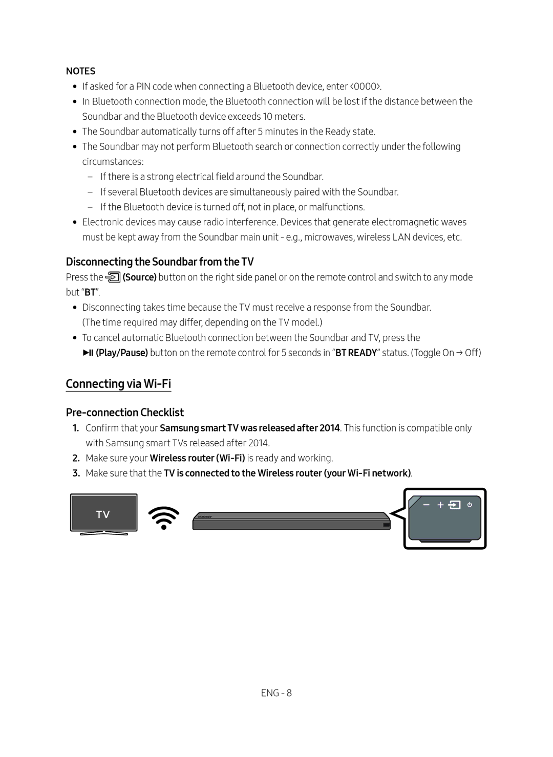 Samsung HW-MS650/XV, HW-MS651/XV Connecting via Wi-Fi, Disconnecting the Soundbar from the TV, Pre-connection Checklist 