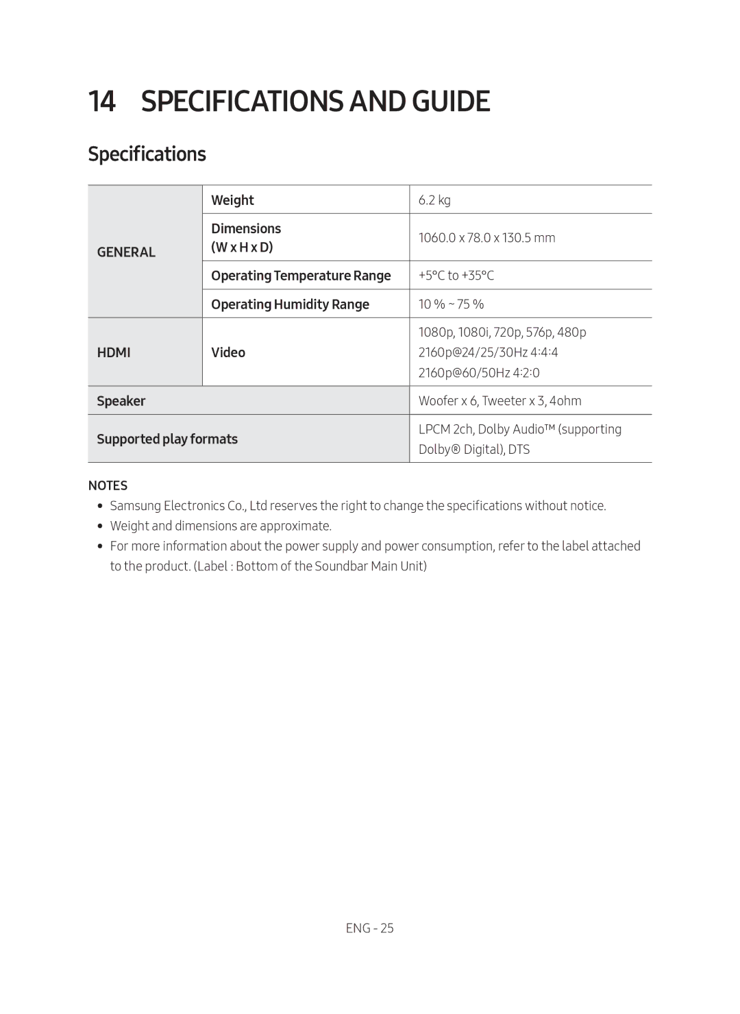 Samsung HW-MS651/XV, HW-MS650/XV manual Specifications and Guide, Operating Temperature Range 