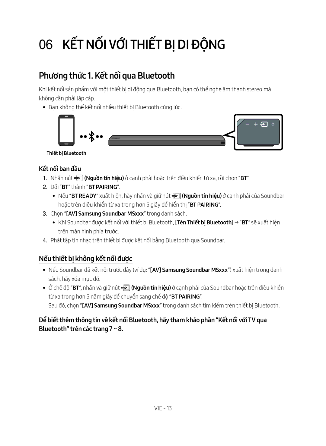 Samsung HW-MS651/XV, HW-MS650/XV manual 06 Kết nối với Thiết bị di độ̣ng, Phương thức 1. Kết nối qua Bluetooth 
