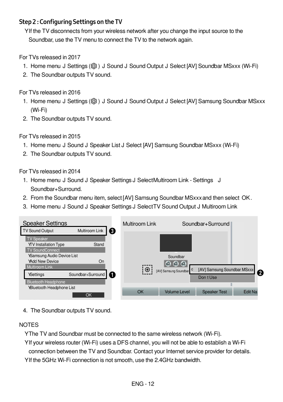 Samsung HW-MS650/XV Configuring Settings on the TV, For TVs released, Soundbar+Surround, Speaker Settings Multiroom Link 