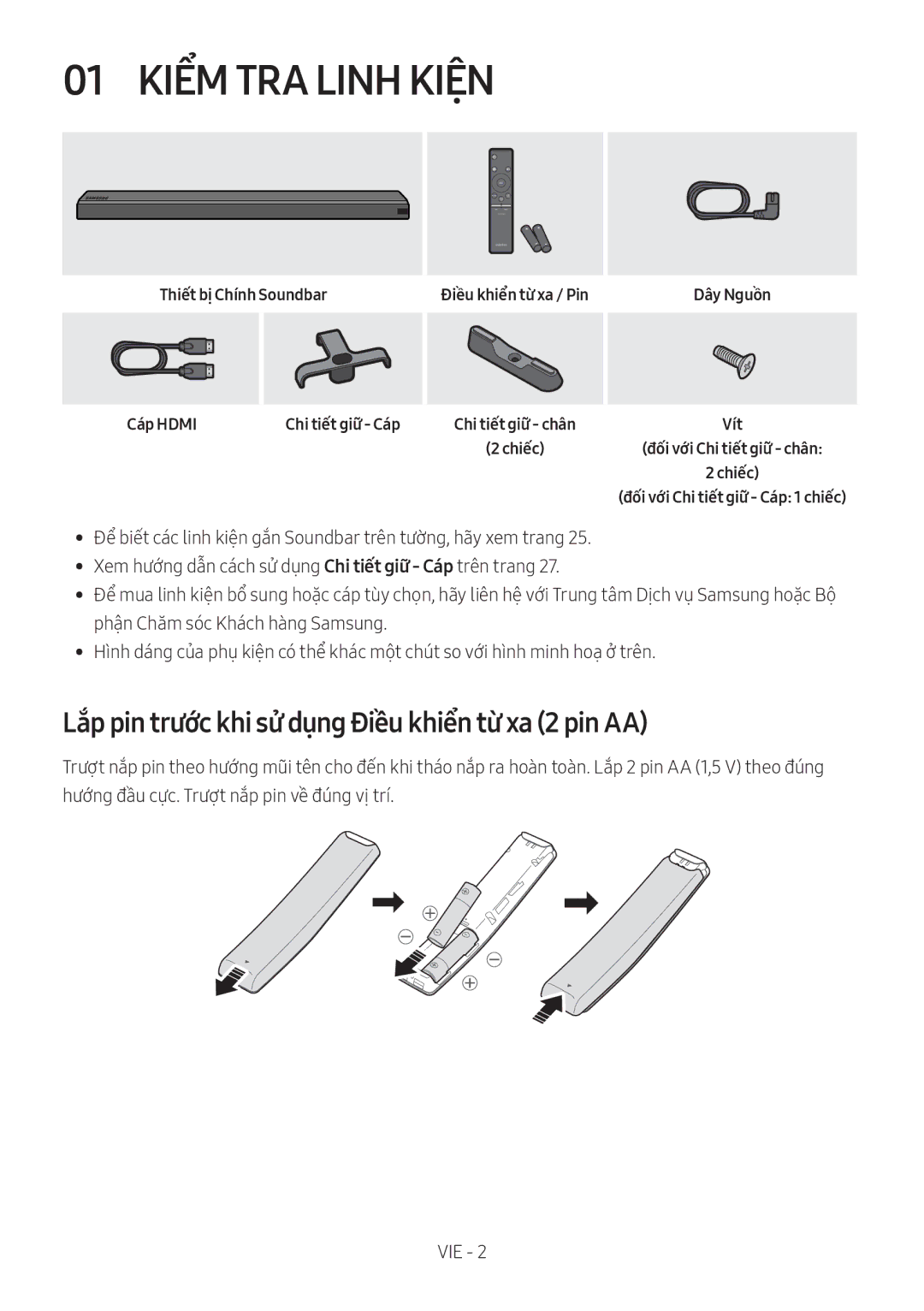 Samsung HW-MS650/XV 01 Kiểm TRA Linh Kiện, Lắp pin trước khi sử dụng Điều khiển từ xa 2 pin AA, Thiết bị Chính Soundbar 