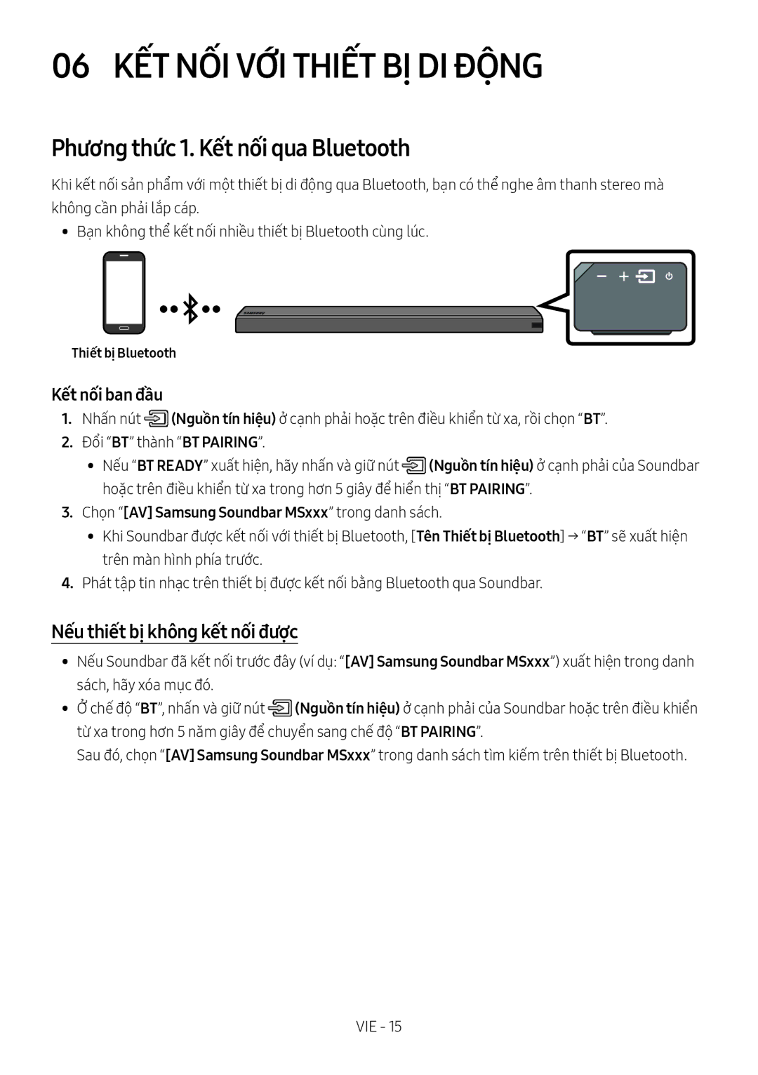 Samsung HW-MS651/XV manual 06 KẾT NỐI VỚI Thiết BỊ DI ĐỘ̣NG, Phương thức 1. Kết nối qua Bluetooth, Thiết bị Bluetooth 