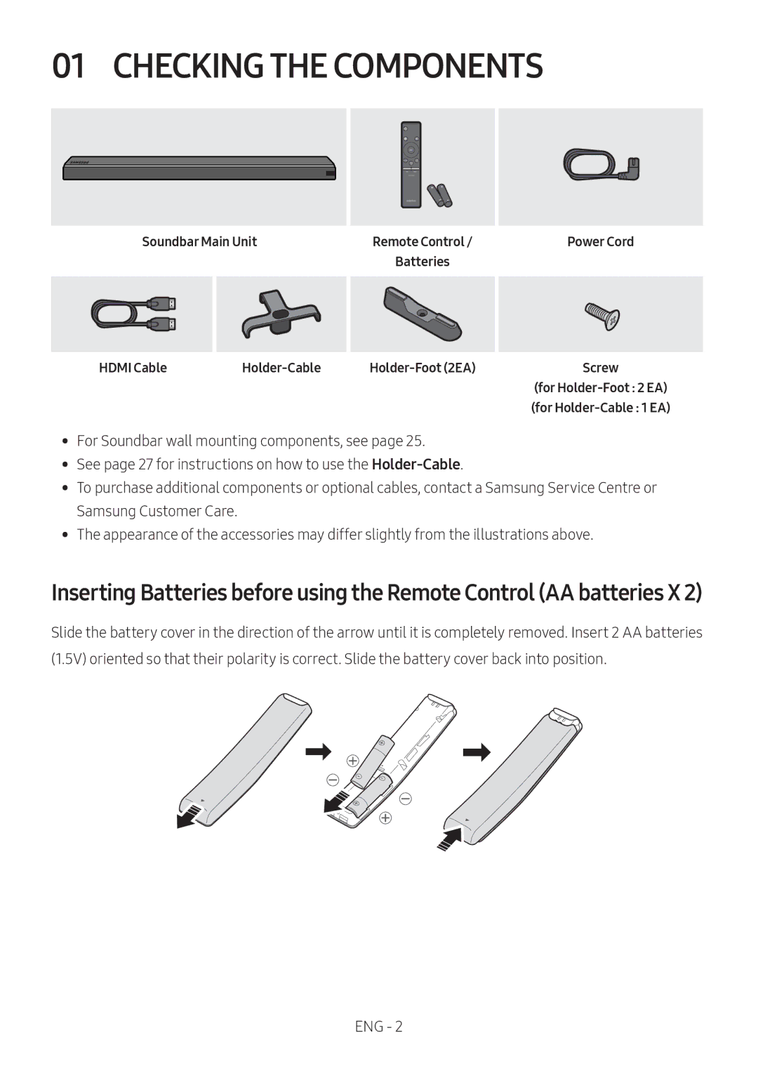 Samsung HW-MS650/XV manual Checking the Components, Soundbar Main Unit, Power Cord Hdmi Cable Holder-Cable Holder-Foot 2EA 