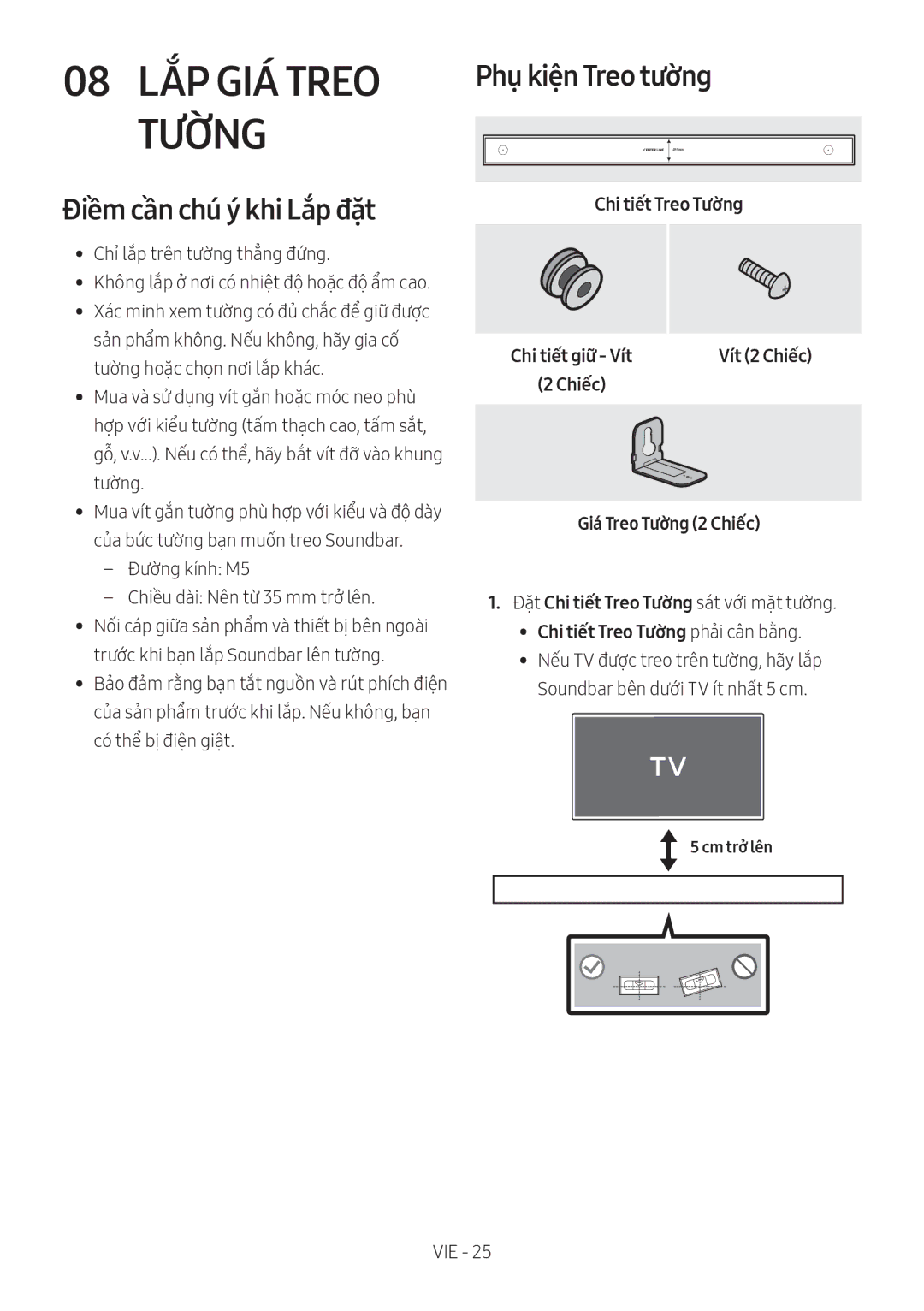 Samsung HW-MS651/XV manual Điềm cần chú ý́ khi Lắp đặt, Phụ kiện Treo tường, Chi tiết Treo Tường, Giá Treo Tường 2 Chiếc 