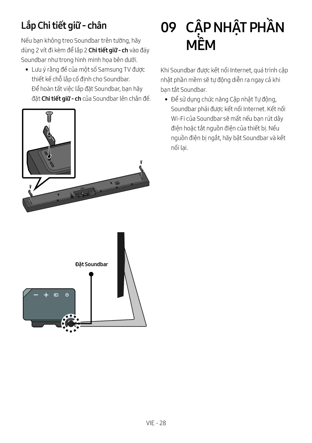 Samsung HW-MS650/XV, HW-MS651/XV manual 09 CẬP Nhật Phần MỀM, Lắp Chi tiết giữ chân, Đặt Soundbar 