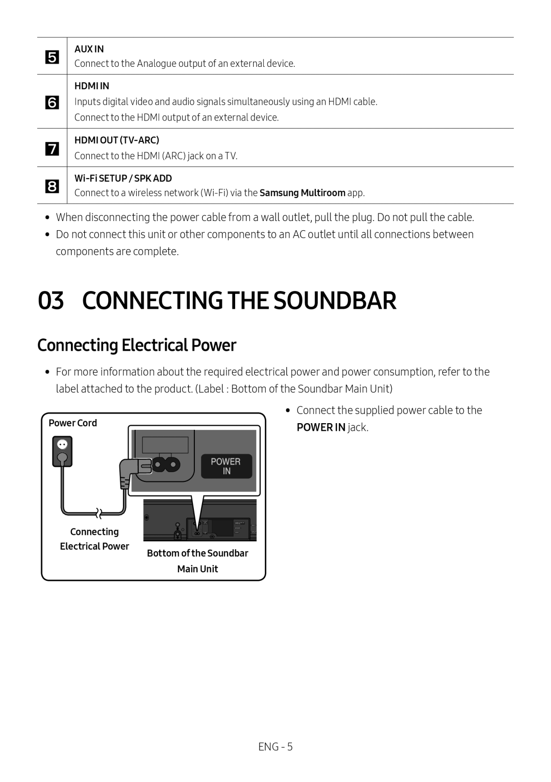 Samsung HW-MS651/XV, HW-MS650/XV Connecting the Soundbar, Connecting Electrical Power, Wi-Fi Setup / SPK ADD, Power Cord 