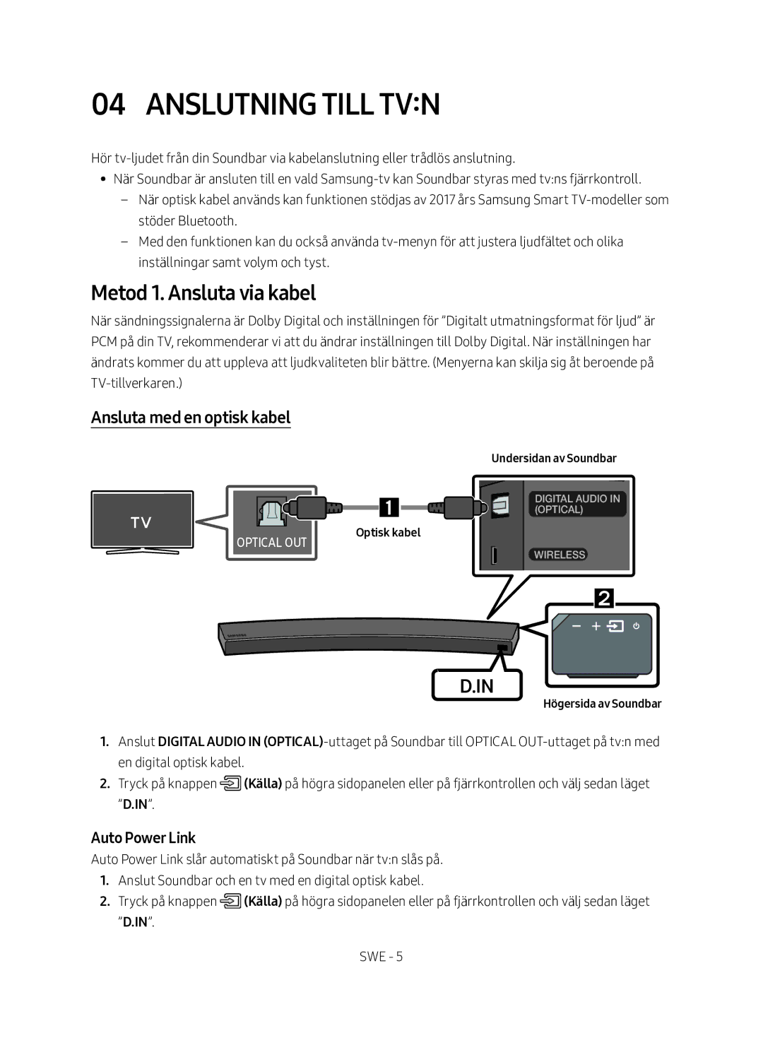 Samsung HW-MS6511/XE Anslutning till tvn, Metod 1. Ansluta via kabel, Ansluta med en optisk kabel, Högersida av Soundbar 