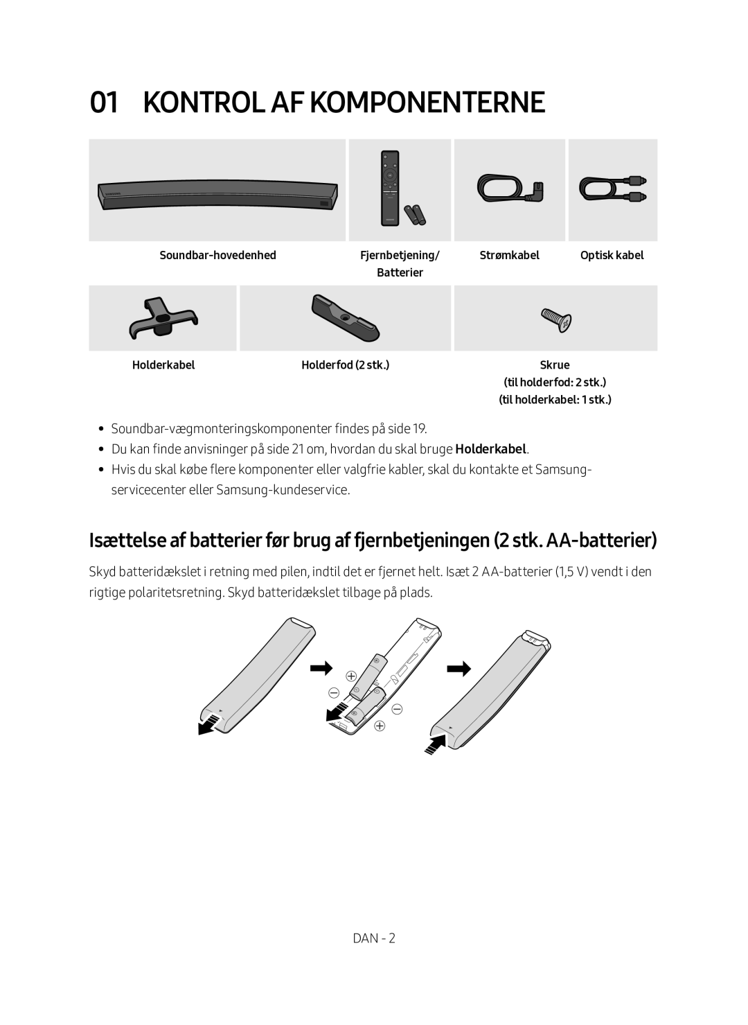 Samsung HW-MS6510/XE Kontrol af komponenterne, Soundbar-hovedenhedFjernbetjening/ Batterier Holderkabel, Strømkabel, Skrue 