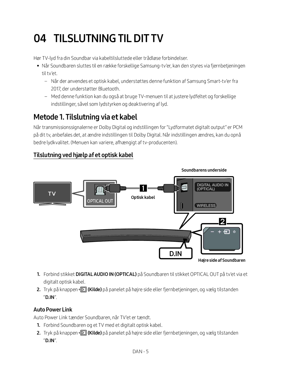 Samsung HW-MS6511/XE Tilslutning til dit TV, Metode 1. Tilslutning via et kabel, Tilslutning ved hjælp af et optisk kabel 