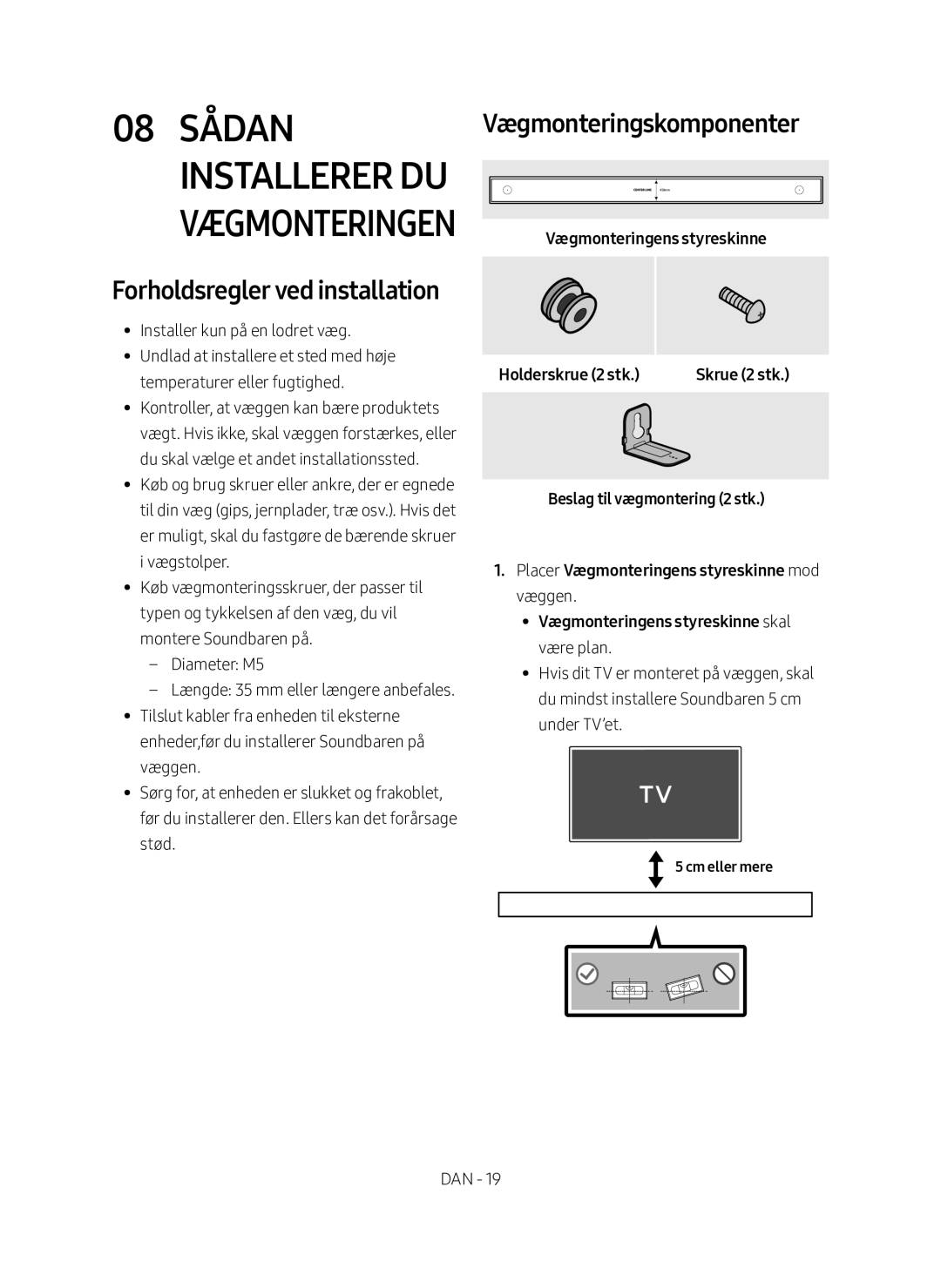 Samsung HW-MS6511/XE, HW-MS6510/XE manual Forholdsregler ved installation, Vægmonteringskomponenter, Cm eller mere 