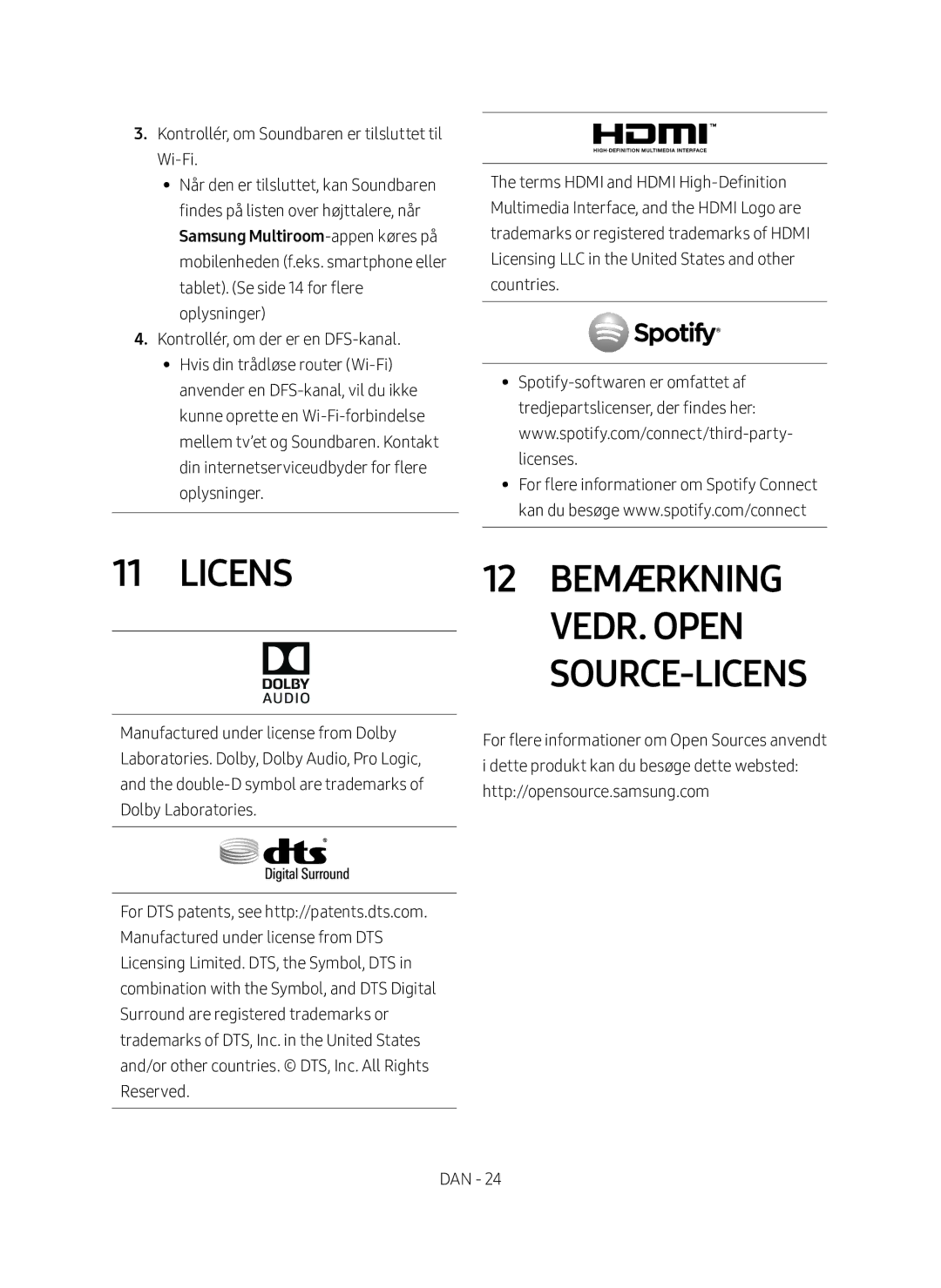 Samsung HW-MS6510/XE, HW-MS6511/XE manual Licens 12 Bemærkning Vedr. Open Source-licens 