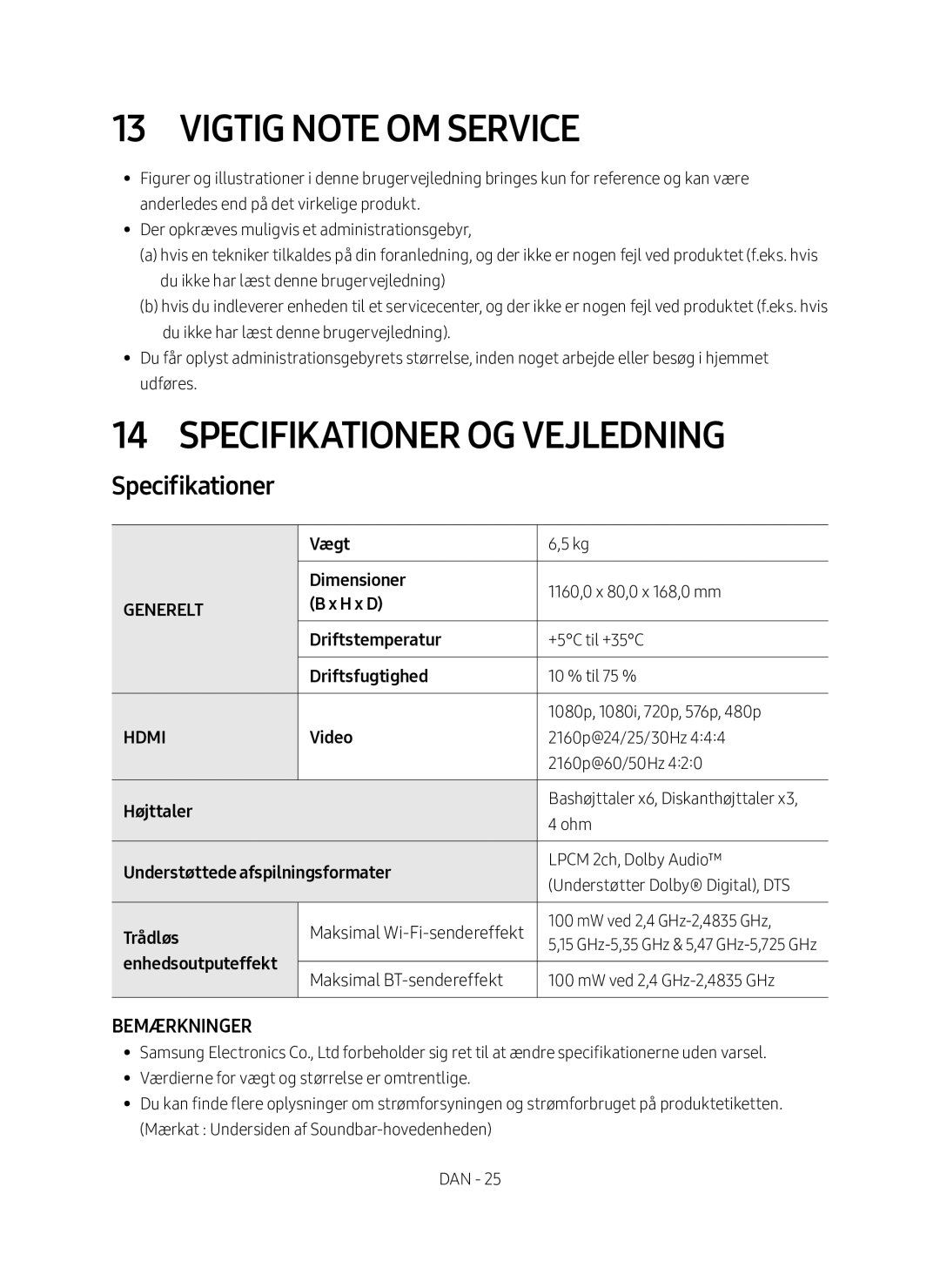 Samsung HW-MS6511/XE, HW-MS6510/XE manual Vigtig note om service, Specifikationer og vejledning 