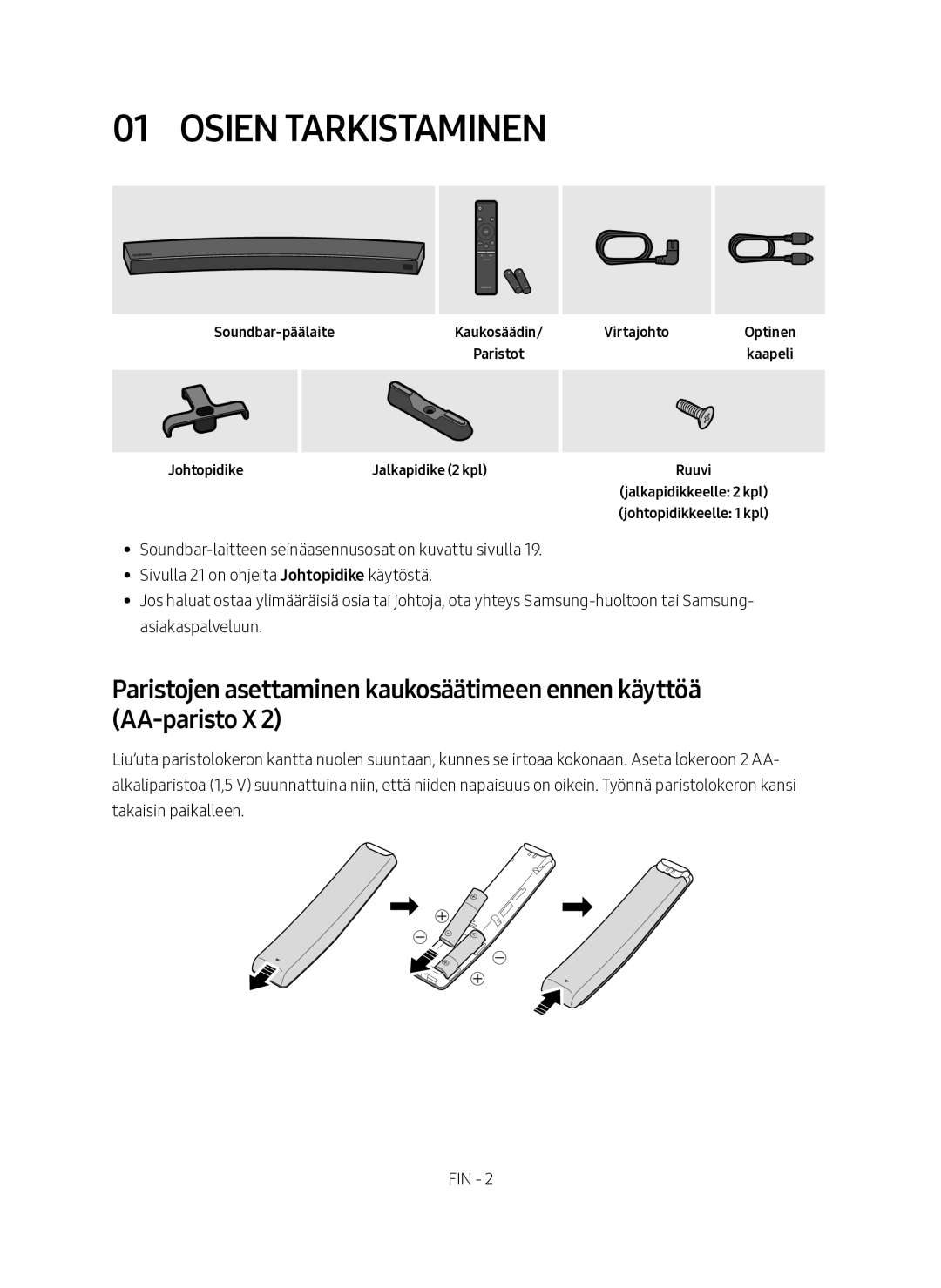 Samsung HW-MS6510/XE, HW-MS6511/XE manual Osien tarkistaminen, Soundbar-päälaite, Johtopidike 