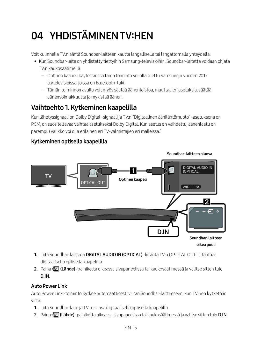 Samsung HW-MS6511/XE manual Yhdistäminen tvhen, Vaihtoehto 1. Kytkeminen kaapelilla, Kytkeminen optisella kaapelilla 