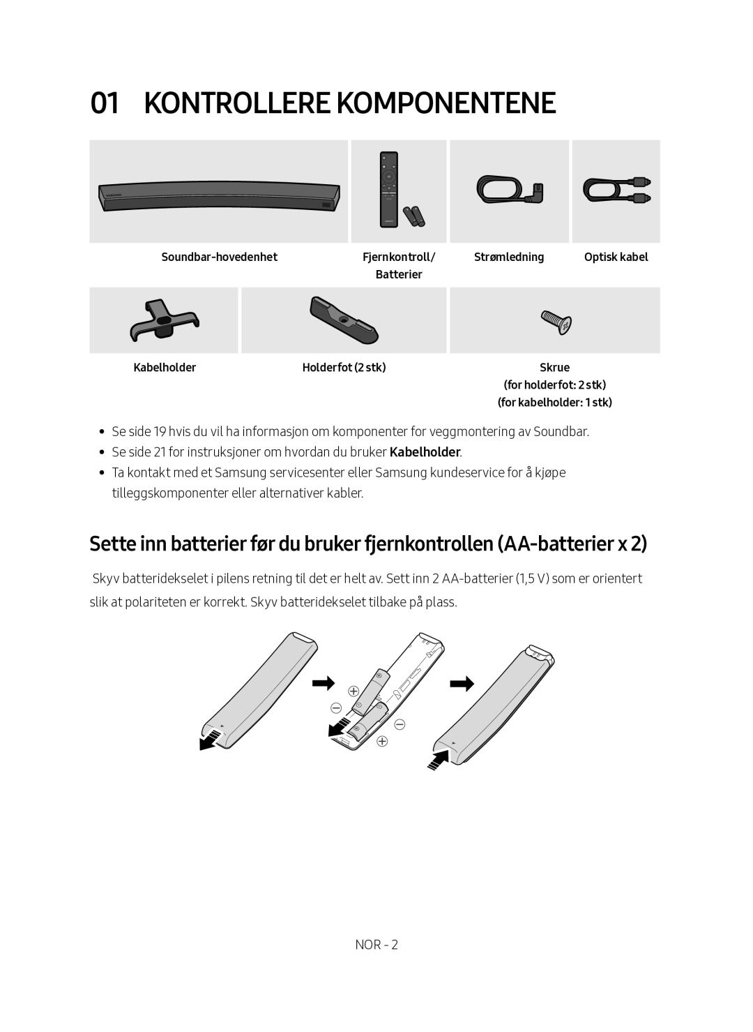 Samsung HW-MS6510/XE manual Kontrollere komponentene, Soundbar-hovedenhetFjernkontroll/ Batterier Kabelholder, Strømledning 