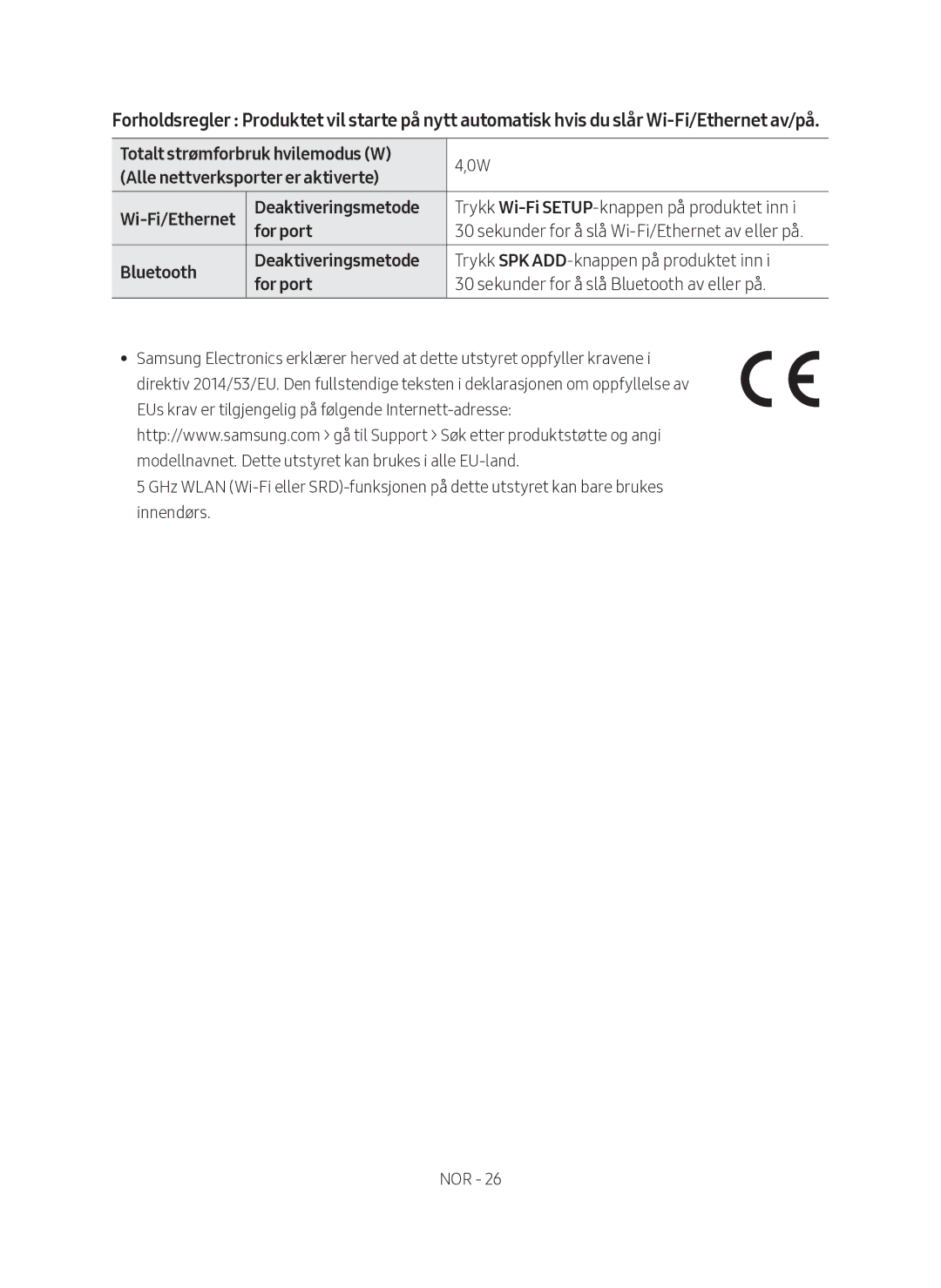 Samsung HW-MS660/XE, HW-MS661/XE manual Sekunder for å slå Wi-Fi/Ethernet av eller på 