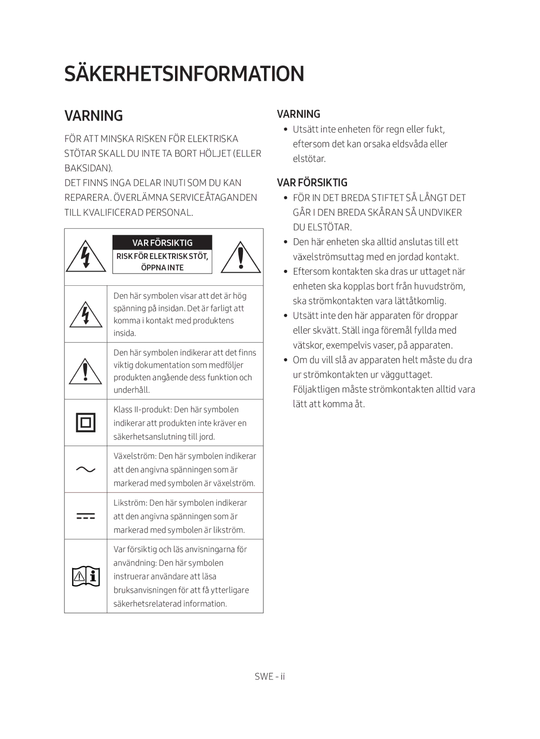 Samsung HW-MS660/XE, HW-MS661/XE manual Säkerhetsinformation, Varning 