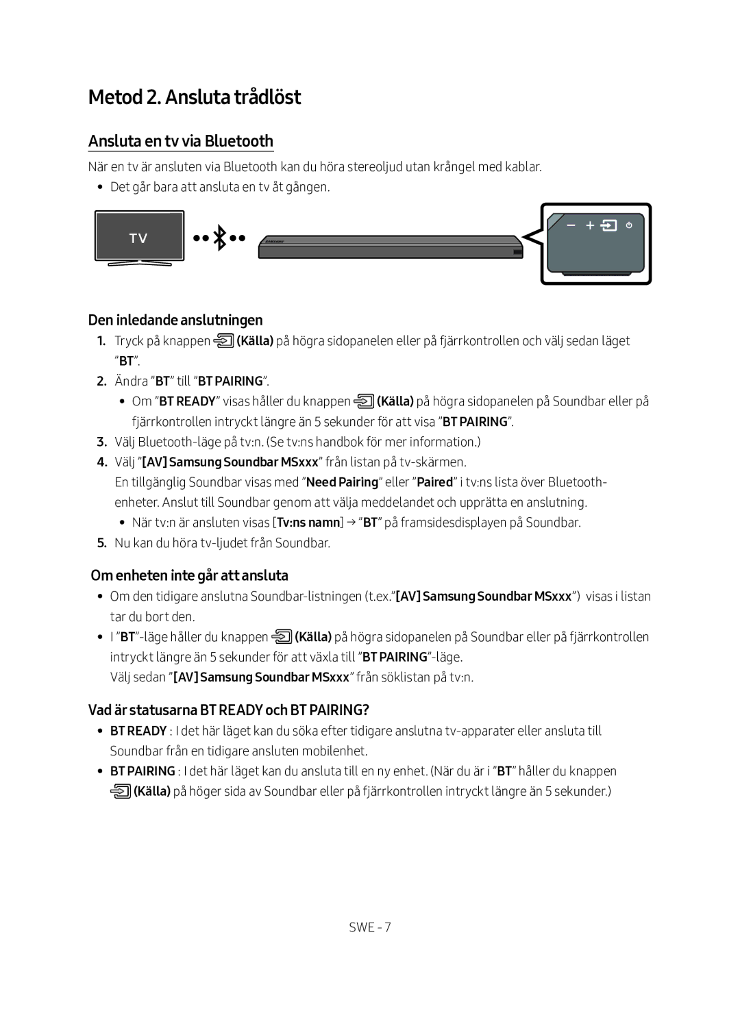 Samsung HW-MS661/XE, HW-MS660/XE manual Metod 2. Ansluta trådlöst, Ansluta en tv via Bluetooth, Den inledande anslutningen 