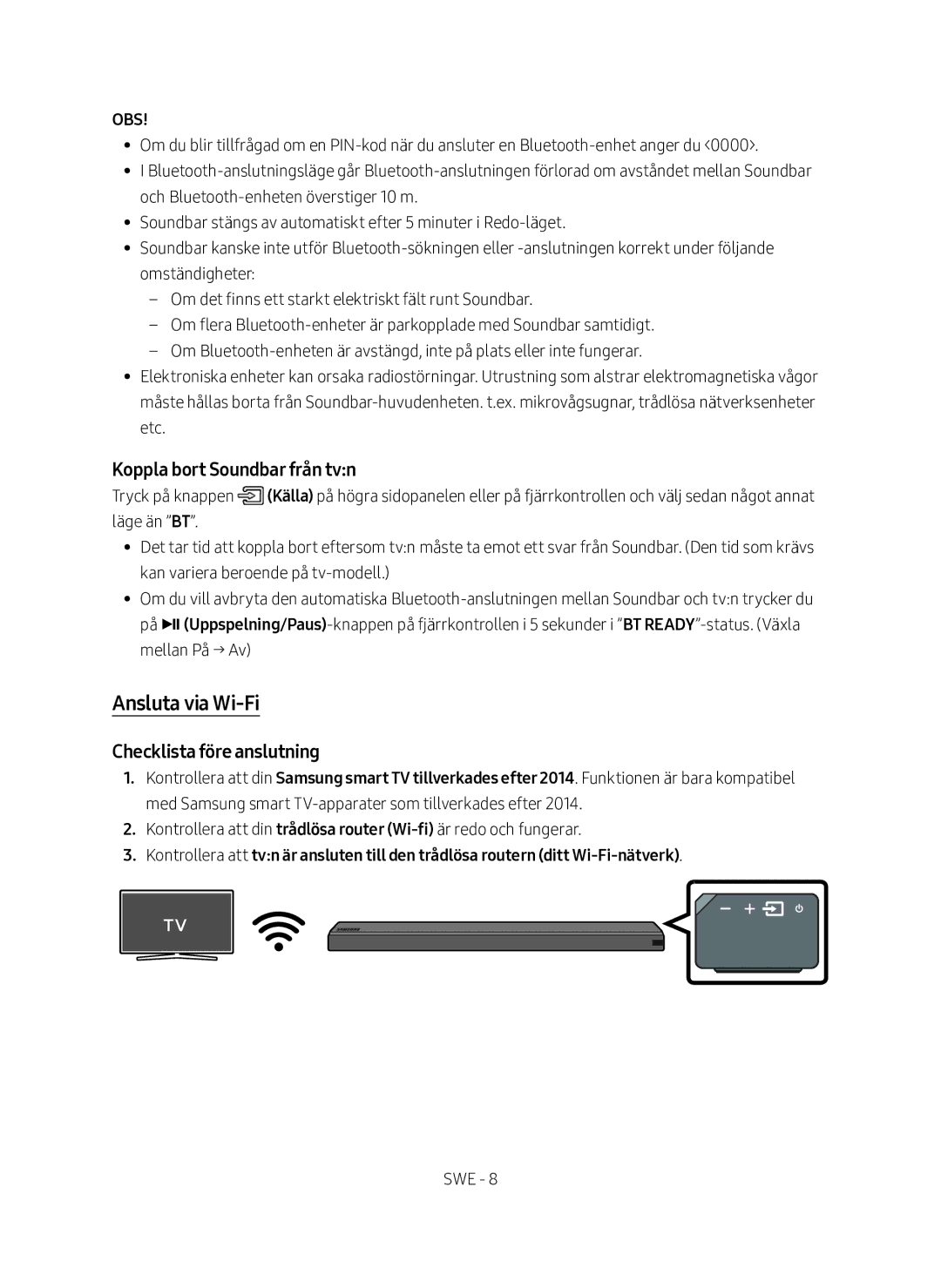 Samsung HW-MS660/XE, HW-MS661/XE manual Ansluta via Wi-Fi, Koppla bort Soundbar från tvn, Checklista före anslutning, Obs 