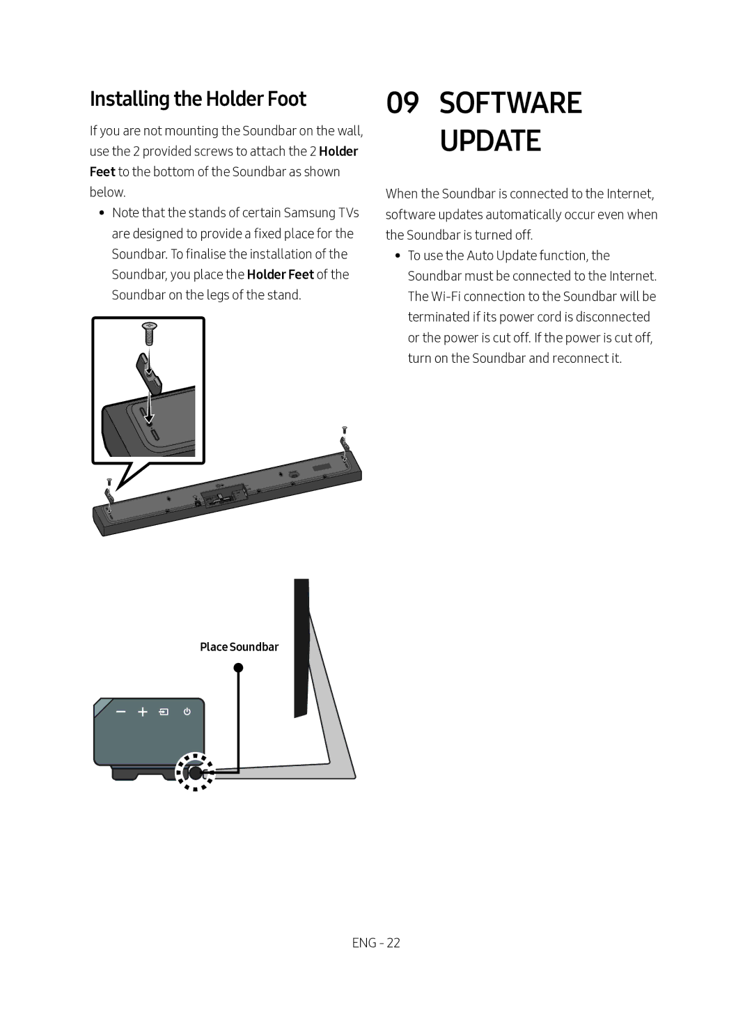 Samsung HW-MS660/XE, HW-MS661/XE manual Software Update, Installing the Holder Foot, Place Soundbar 