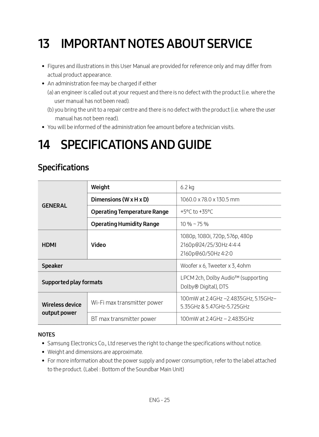 Samsung HW-MS661/XE, HW-MS660/XE manual Important Notes About Service, Specifications and Guide 