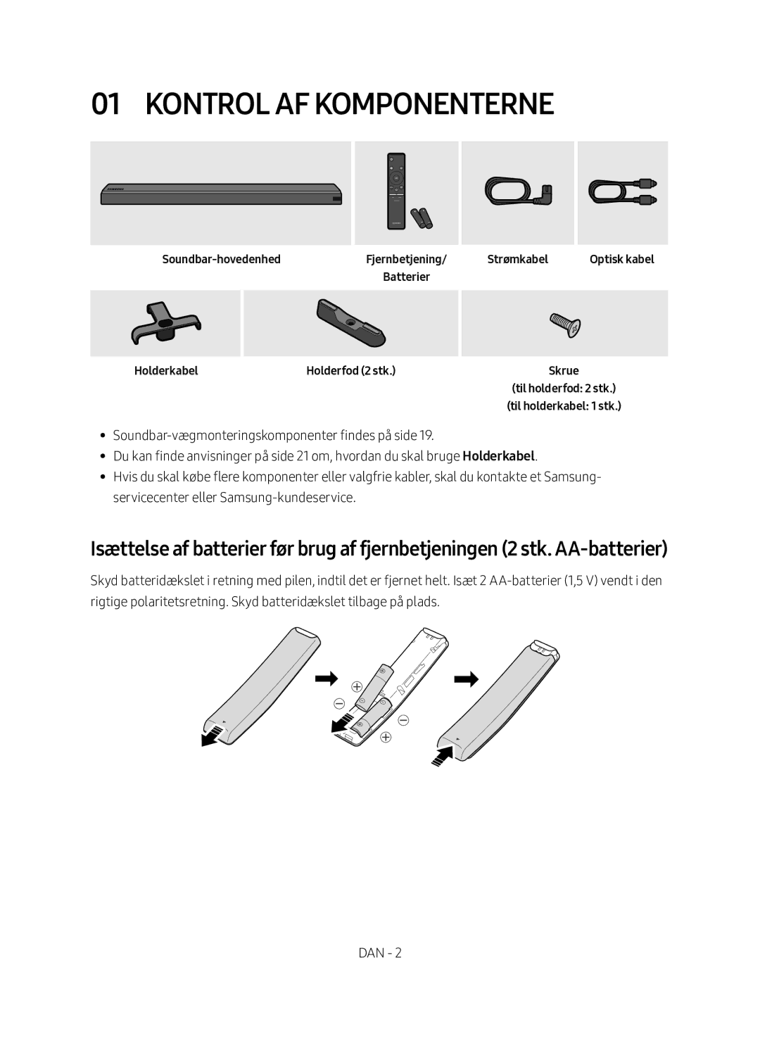 Samsung HW-MS660/XE Kontrol af komponenterne, Soundbar-hovedenhedFjernbetjening/ Batterier Holderkabel, Strømkabel, Skrue 