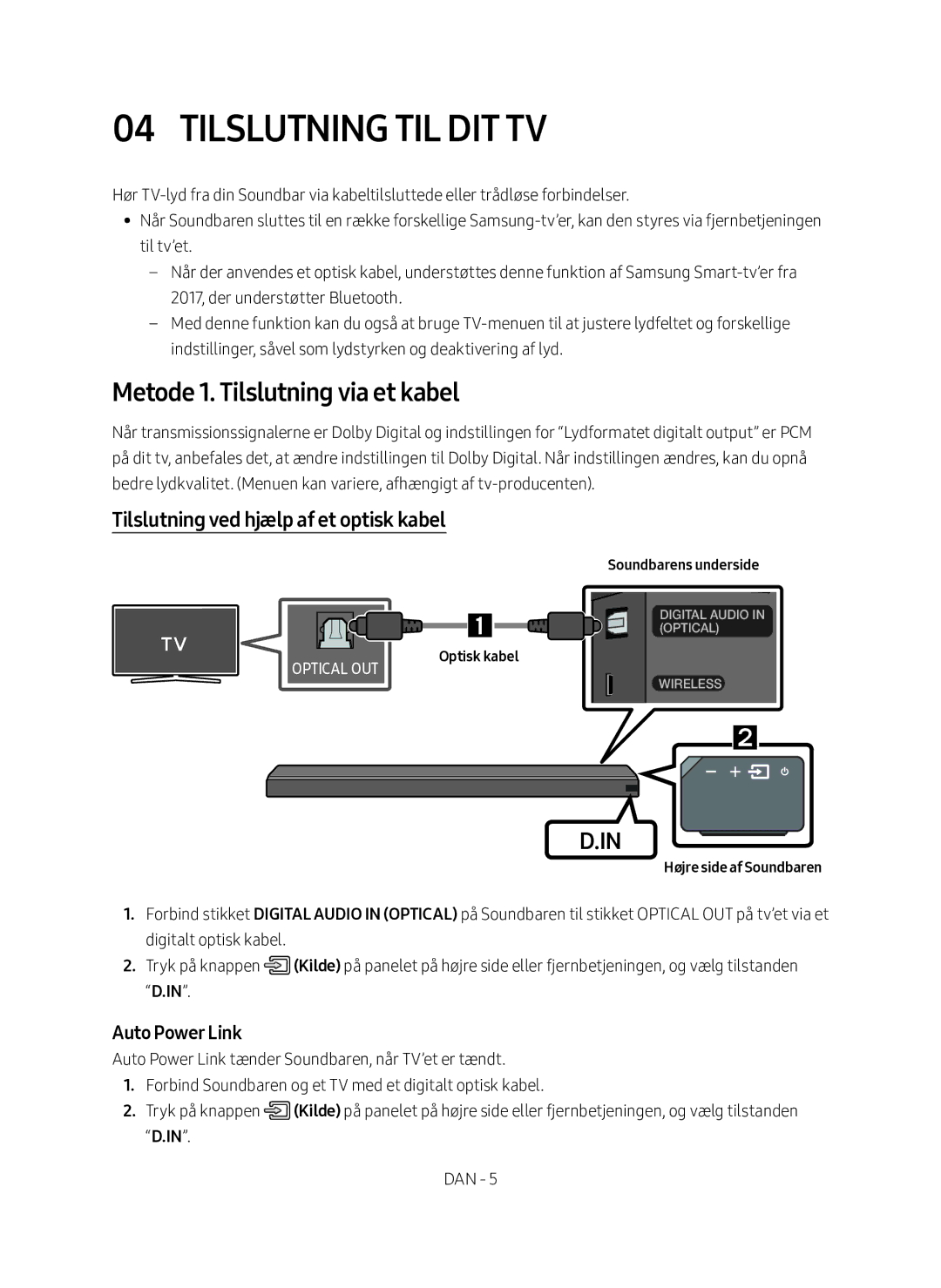 Samsung HW-MS661/XE Tilslutning til dit TV, Metode 1. Tilslutning via et kabel, Tilslutning ved hjælp af et optisk kabel 