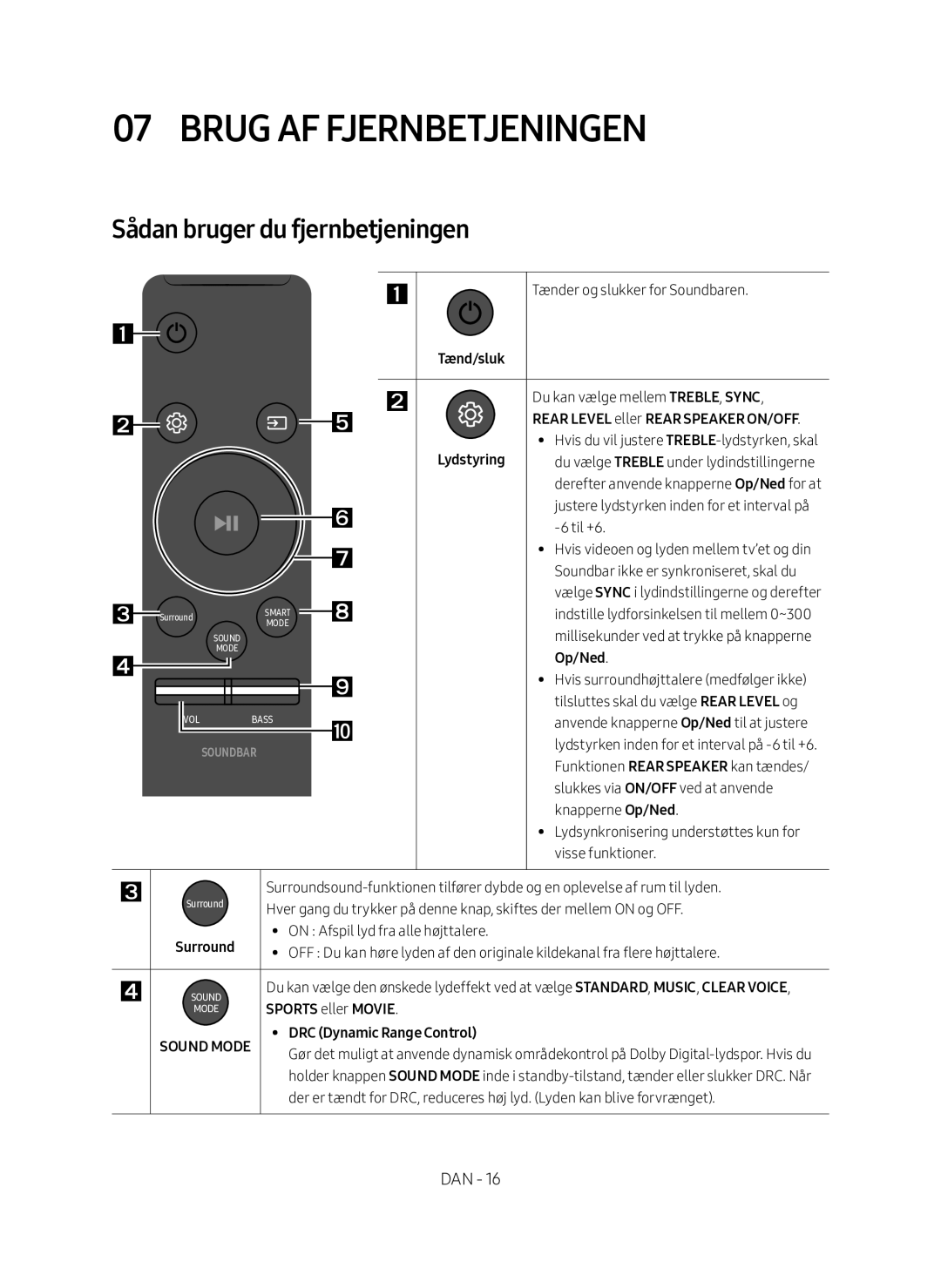 Samsung HW-MS660/XE Brug af fjernbetjeningen, Sådan bruger du fjernbetjeningen, Lydstyring, Op/Ned, Sports eller Movie 