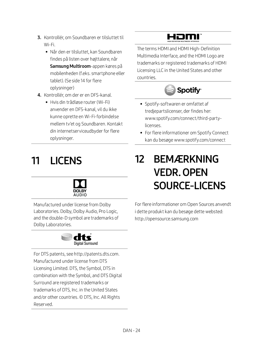 Samsung HW-MS660/XE, HW-MS661/XE manual Licens 12 Bemærkning Vedr. Open Source-licens 