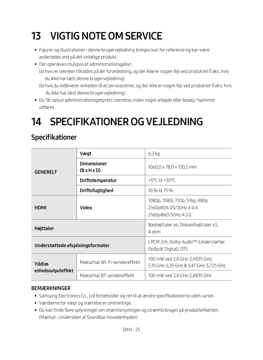 Samsung HW-MS661/XE, HW-MS660/XE manual Vigtig note om service, Specifikationer og vejledning 