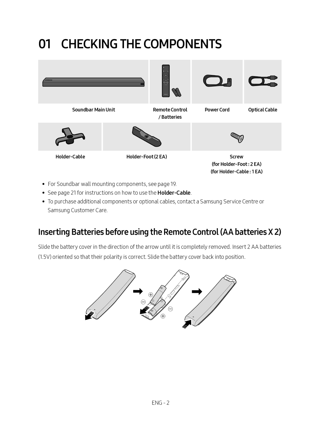 Samsung HW-MS660/XE, HW-MS661/XE manual Checking the Components, Soundbar Main Unit, Holder-Cable, Power Cord 