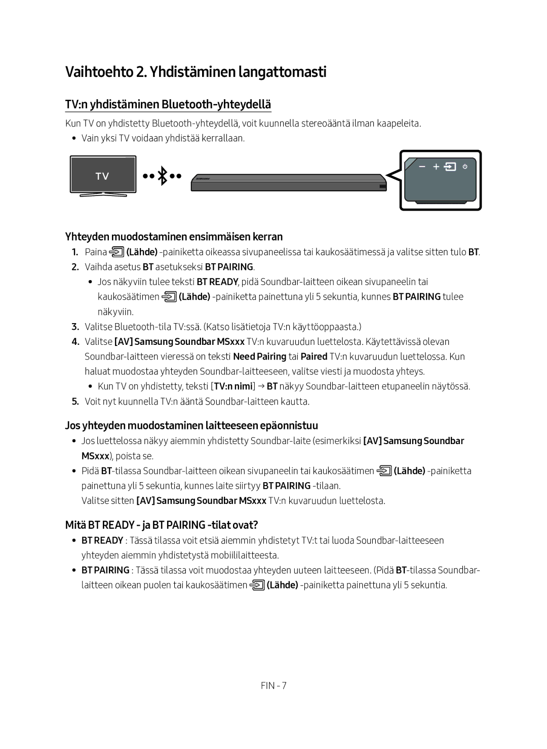 Samsung HW-MS661/XE, HW-MS660/XE manual Vaihtoehto 2. Yhdistäminen langattomasti, TVn yhdistäminen Bluetooth-yhteydellä 