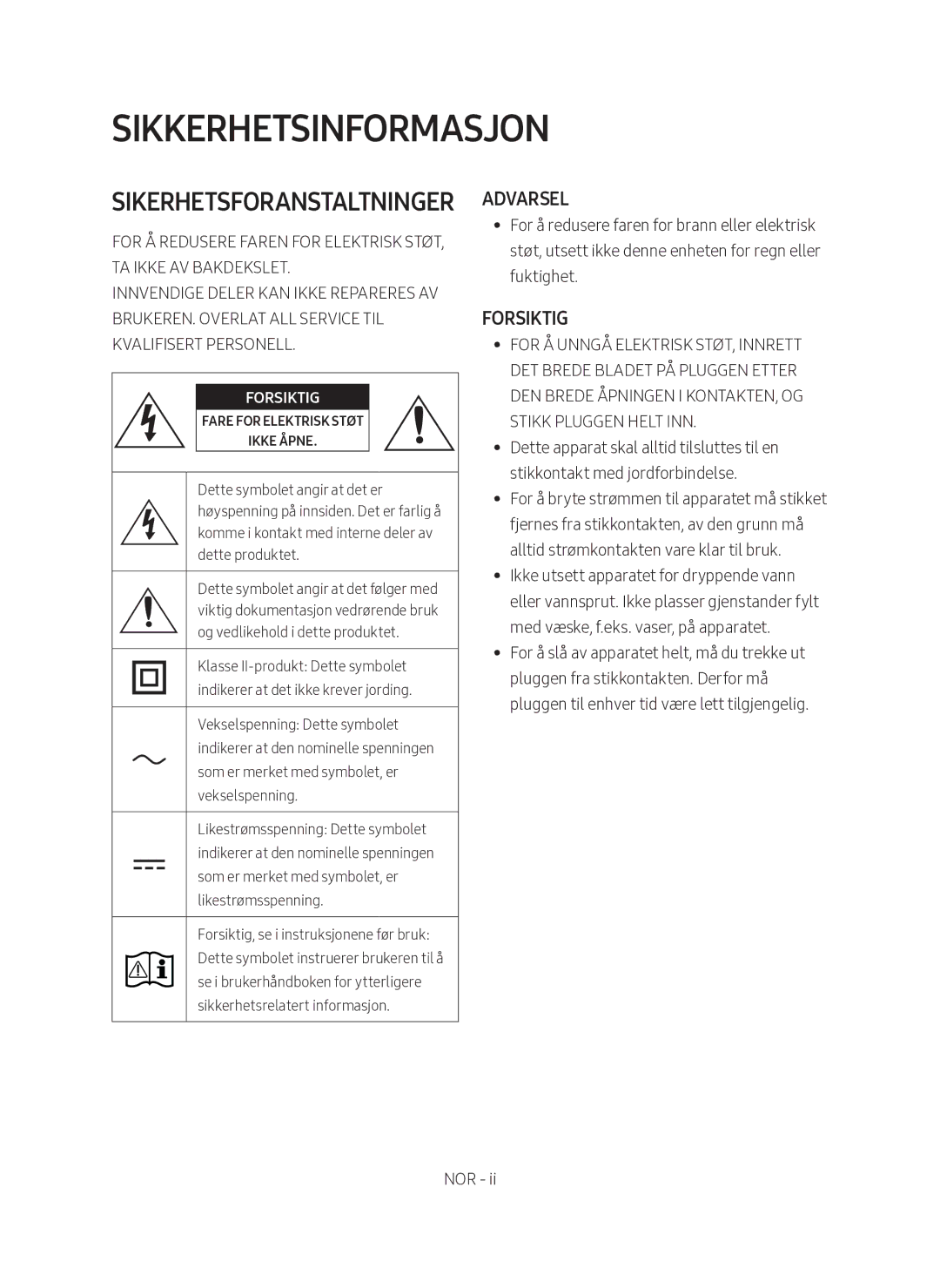 Samsung HW-MS660/XE, HW-MS661/XE manual Sikkerhetsinformasjon, Sikerhetsforanstaltninger 