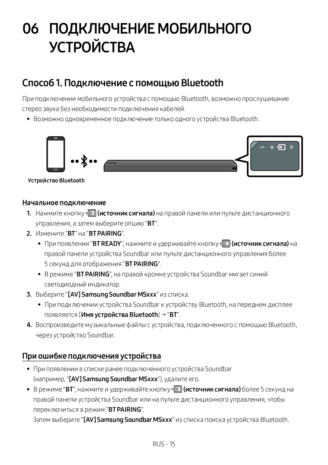 Samsung HW-MS750/RU Способ 1. Подключение с помощью Bluetooth, При ошибке подключения устройства, Устройство Bluetooth 