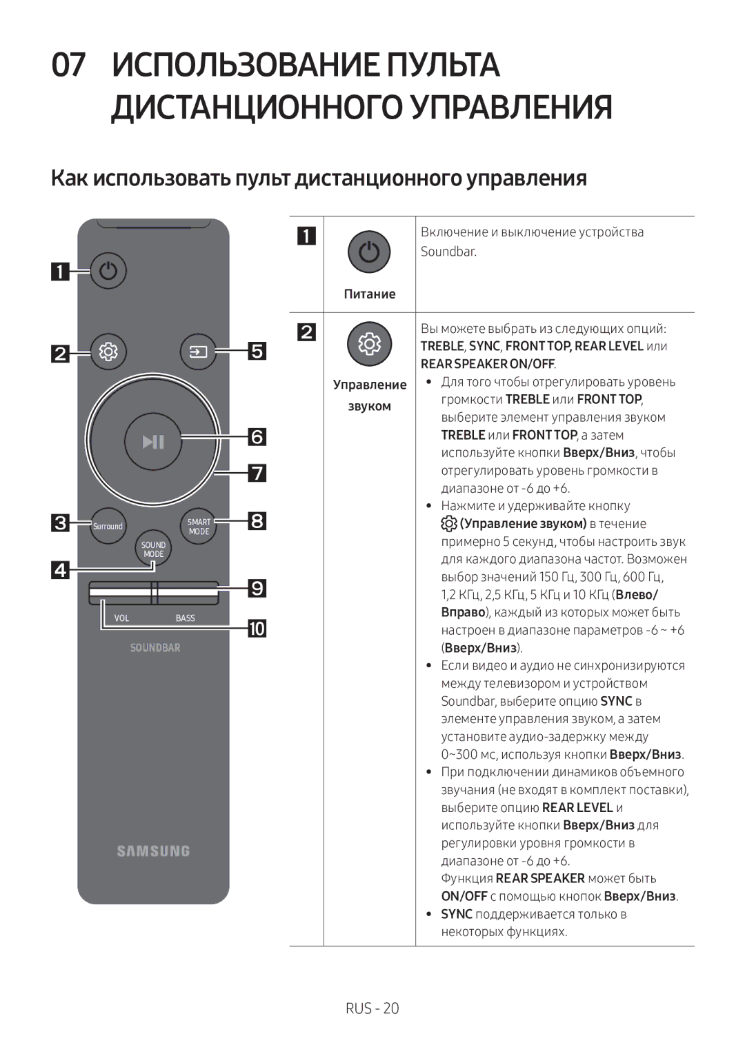 Samsung HW-MS750/RU Как использовать пульт дистанционного управления, Звуком Громкости Treble или Front TOP, Вверх/Вниз 