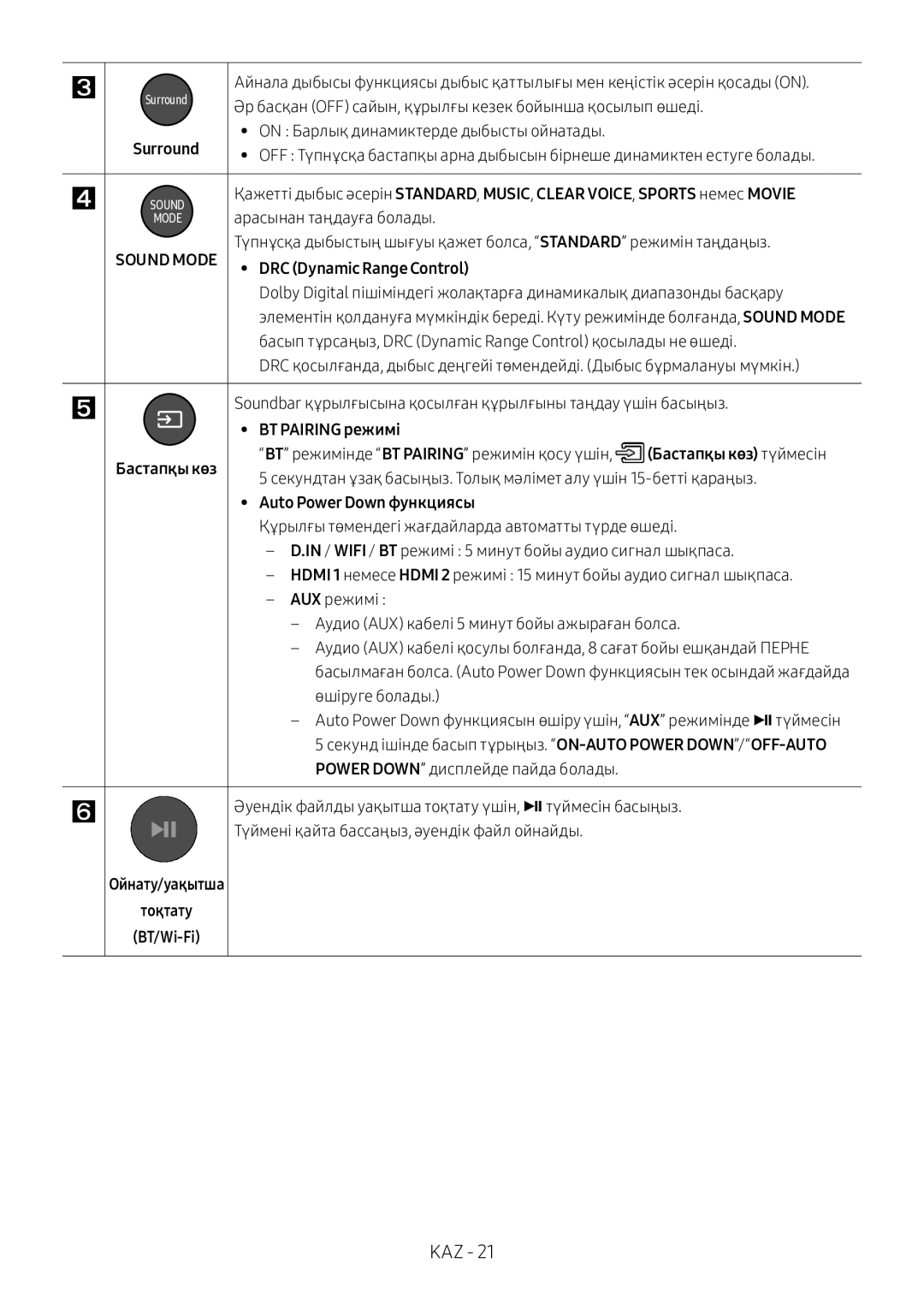 Samsung HW-MS750/RU manual BT Pairing режимі Бастапқы көз, Auto Power Down функциясы, Ойнату/уақытша Тоқтату BT/Wi-Fi 