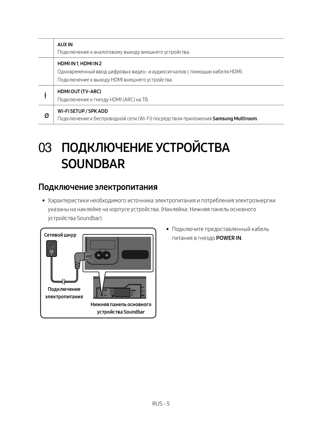 Samsung HW-MS750/RU 03 Подключение устройства Soundbar, Подключение электропитания, Wi-Fi Setup / SPK ADD, Сетевой шнур 