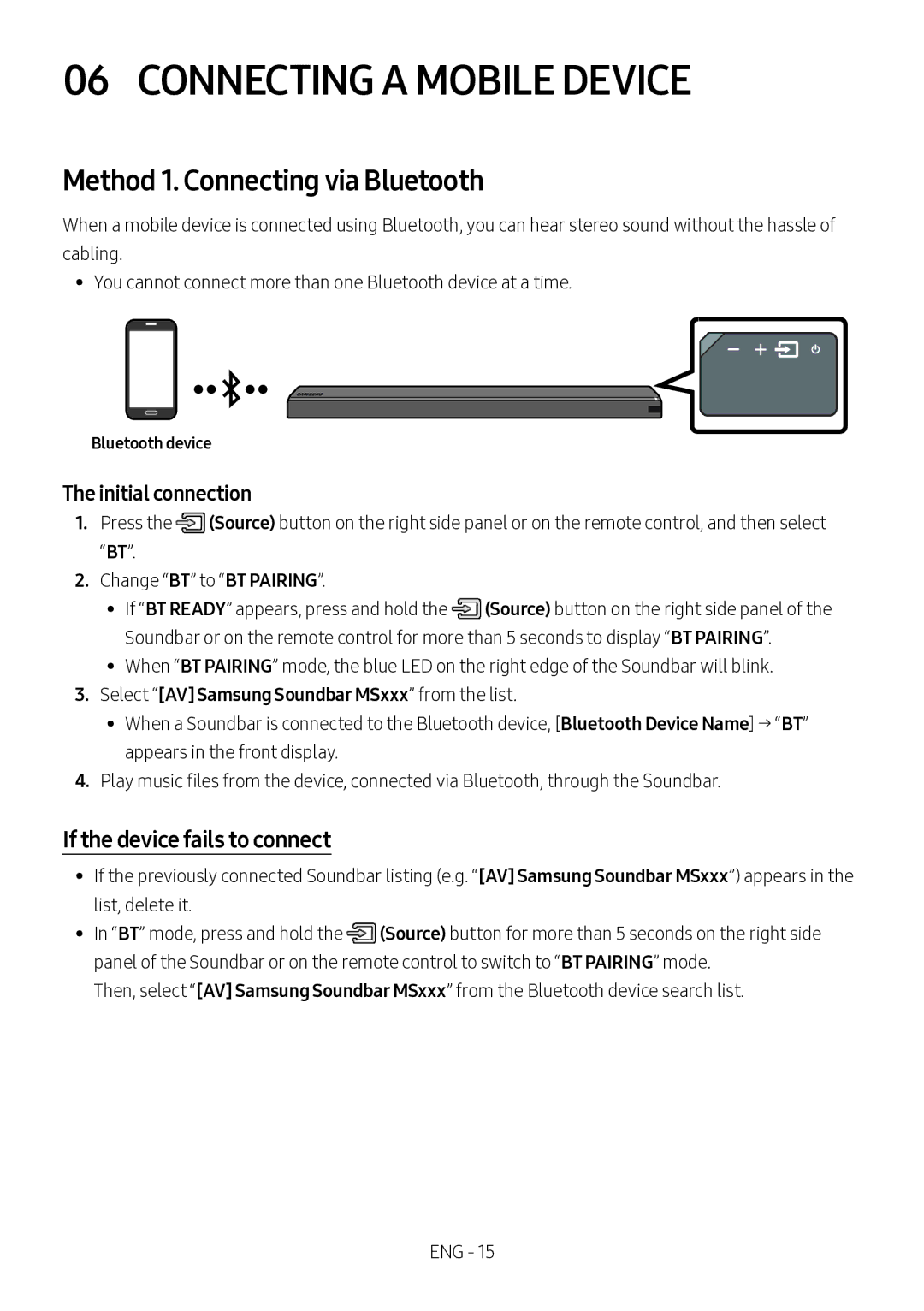 Samsung HW-MS750/XV manual Connecting a Mobile Device, Method 1. Connecting via Bluetooth, If the device fails to connect 