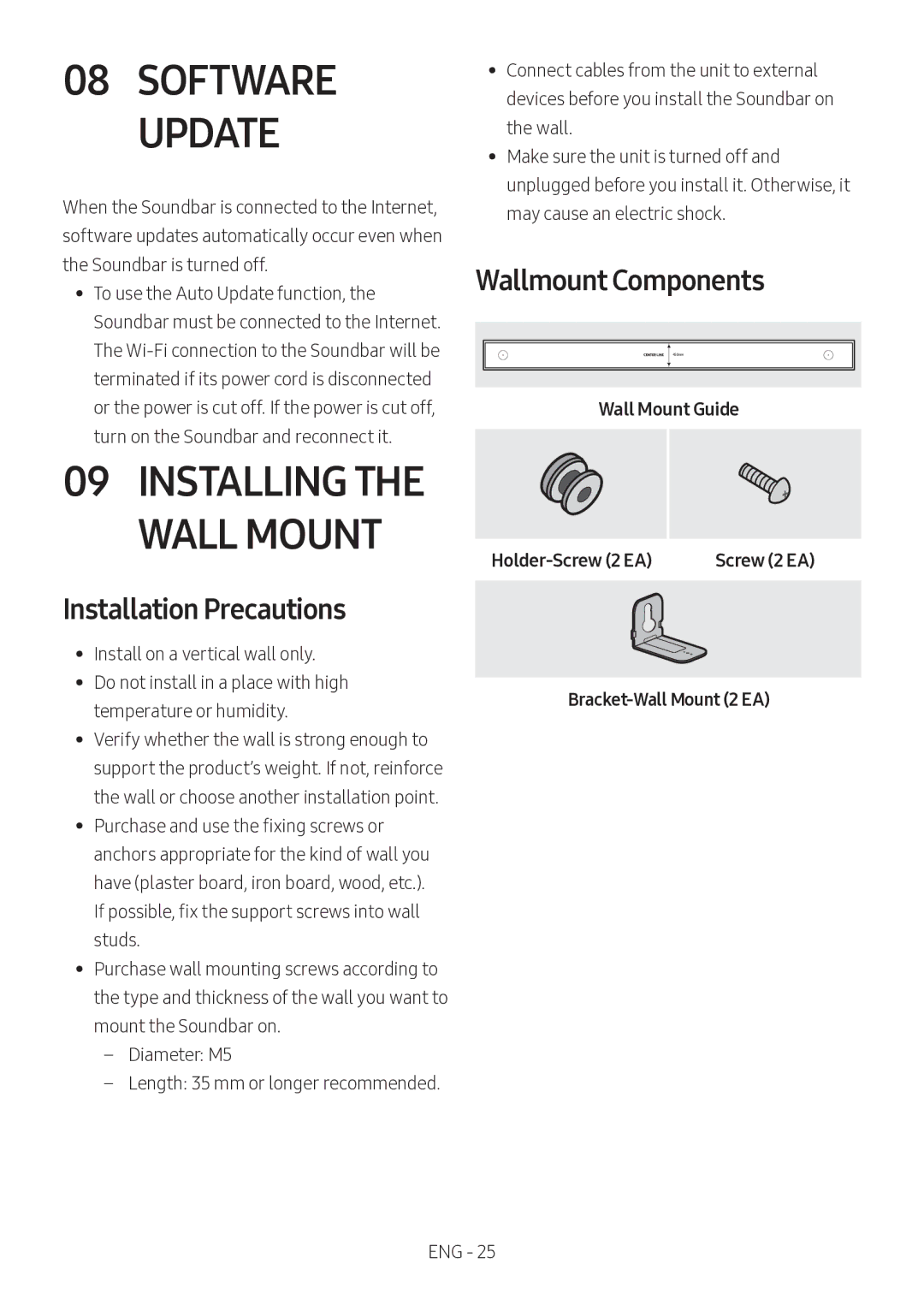 Samsung HW-MS750/XV manual Installation Precautions, Wallmount Components, Wall Mount Guide Holder-Screw 2 EA 