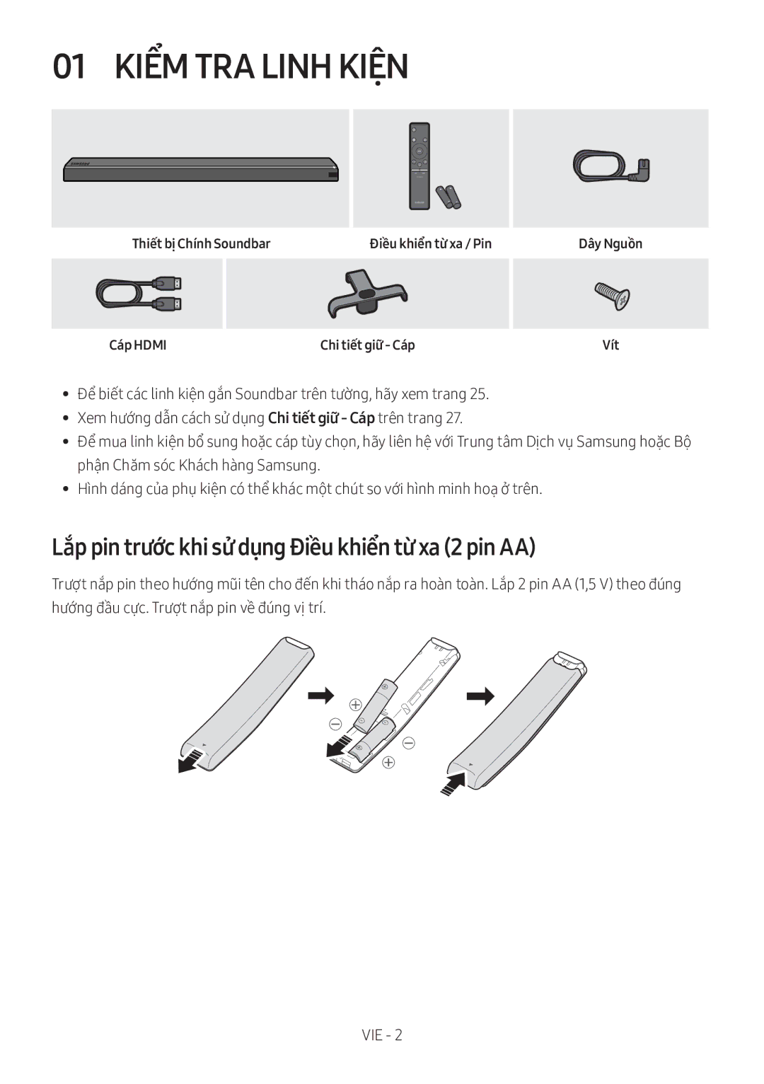 Samsung HW-MS750/XV 01 Kiểm TRA Linh Kiện, Lắp pin trước khi sử dụng Điều khiển từ xa 2 pin AA, Thiết bị Chính Soundbar 