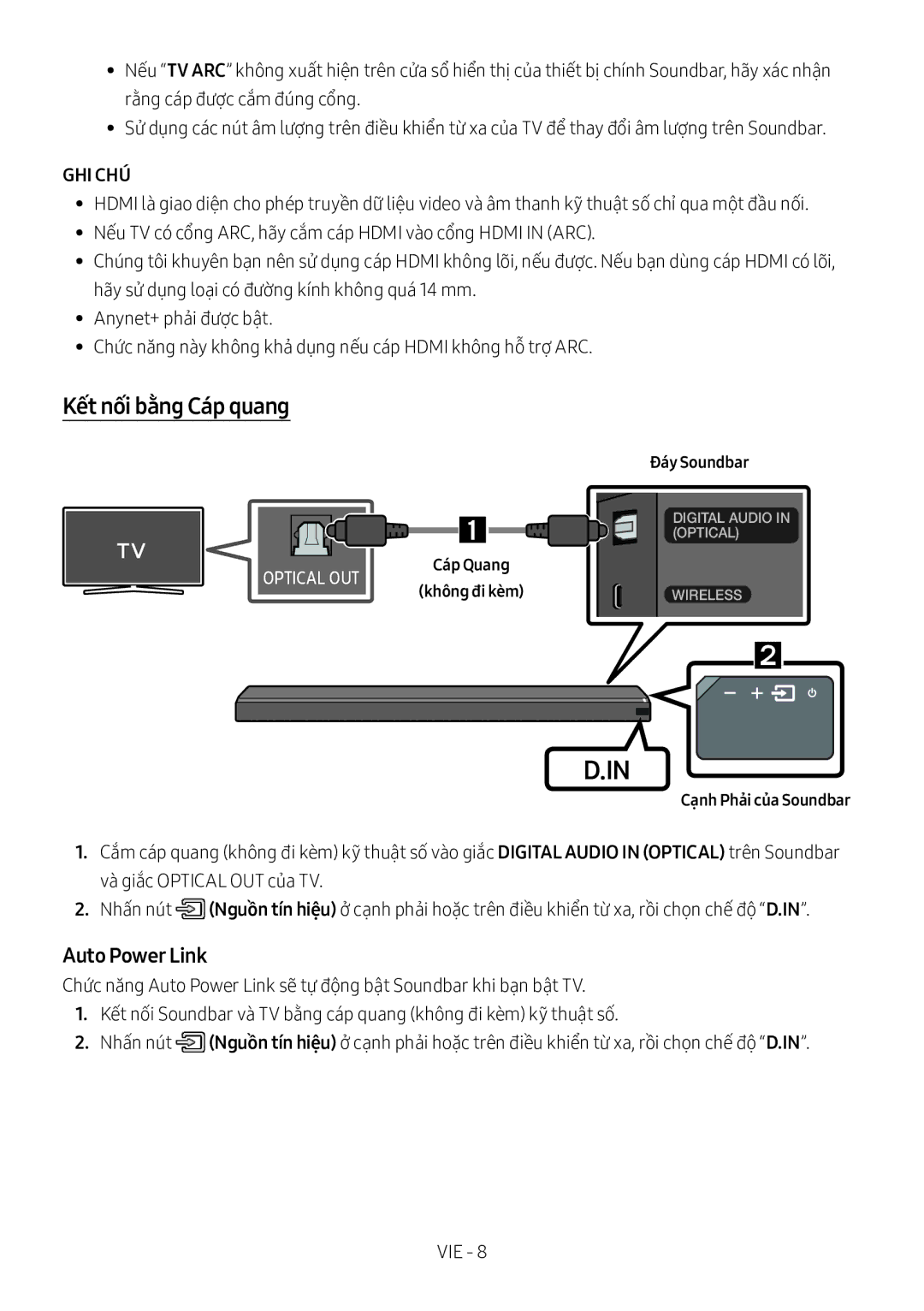 Samsung HW-MS750/XV manual Kết nối bằng Cáp quang, Ghi Chú́ 