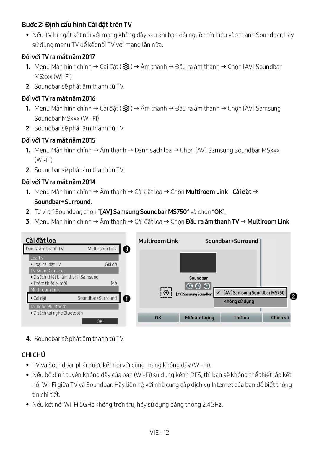 Samsung HW-MS750/XV manual Bước 2 Định cấ́u hình Cài đặt trên TV, Đối với TV ra mắt năm 