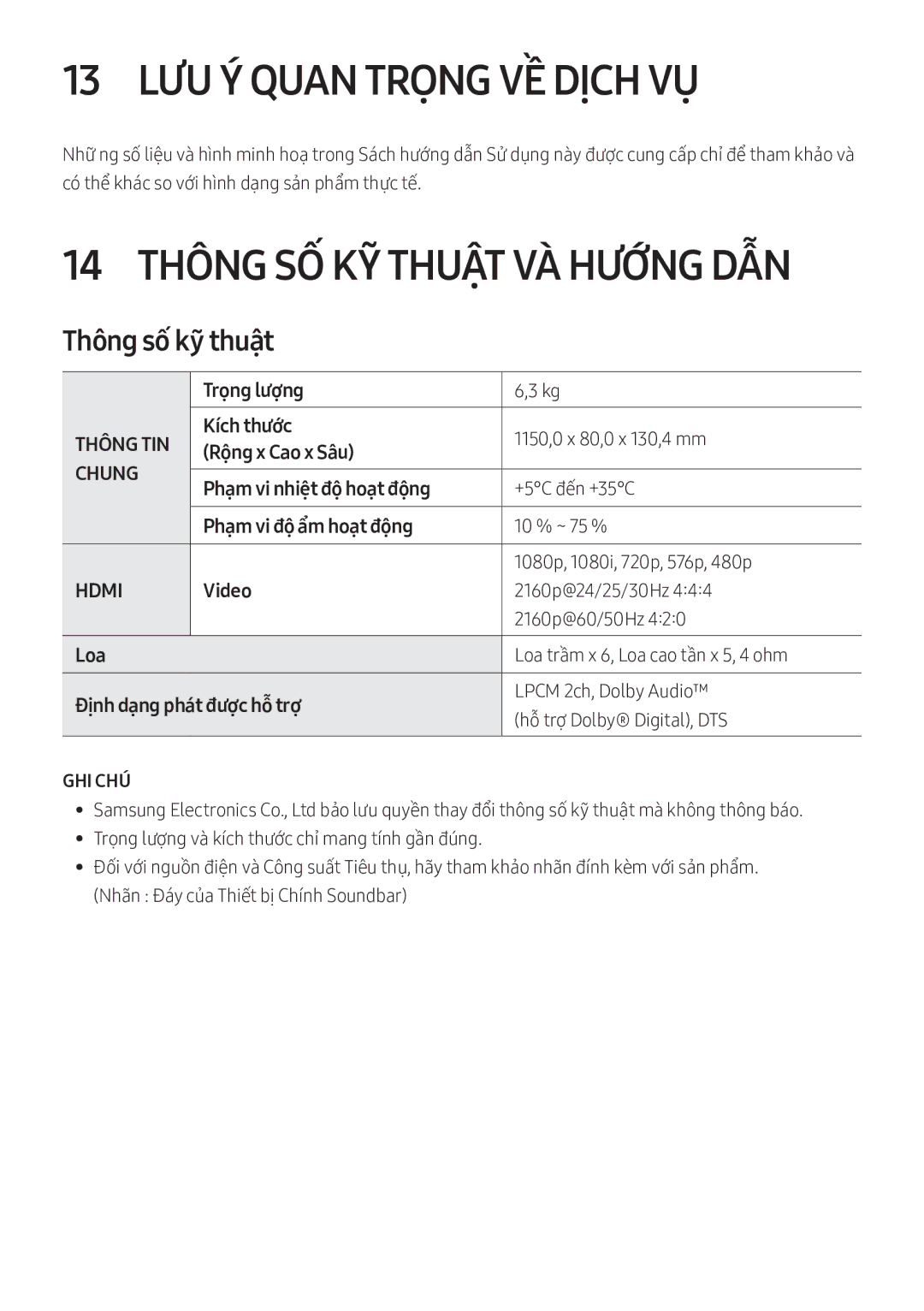 Samsung HW-MS750/XV manual 13 LƯU Ý Quan Trọng VỀ Dịch VỤ, 14 Thông SỐ KỸ Thuật VÀ̀ Hướng DẪN, Thông sô ky thuât 