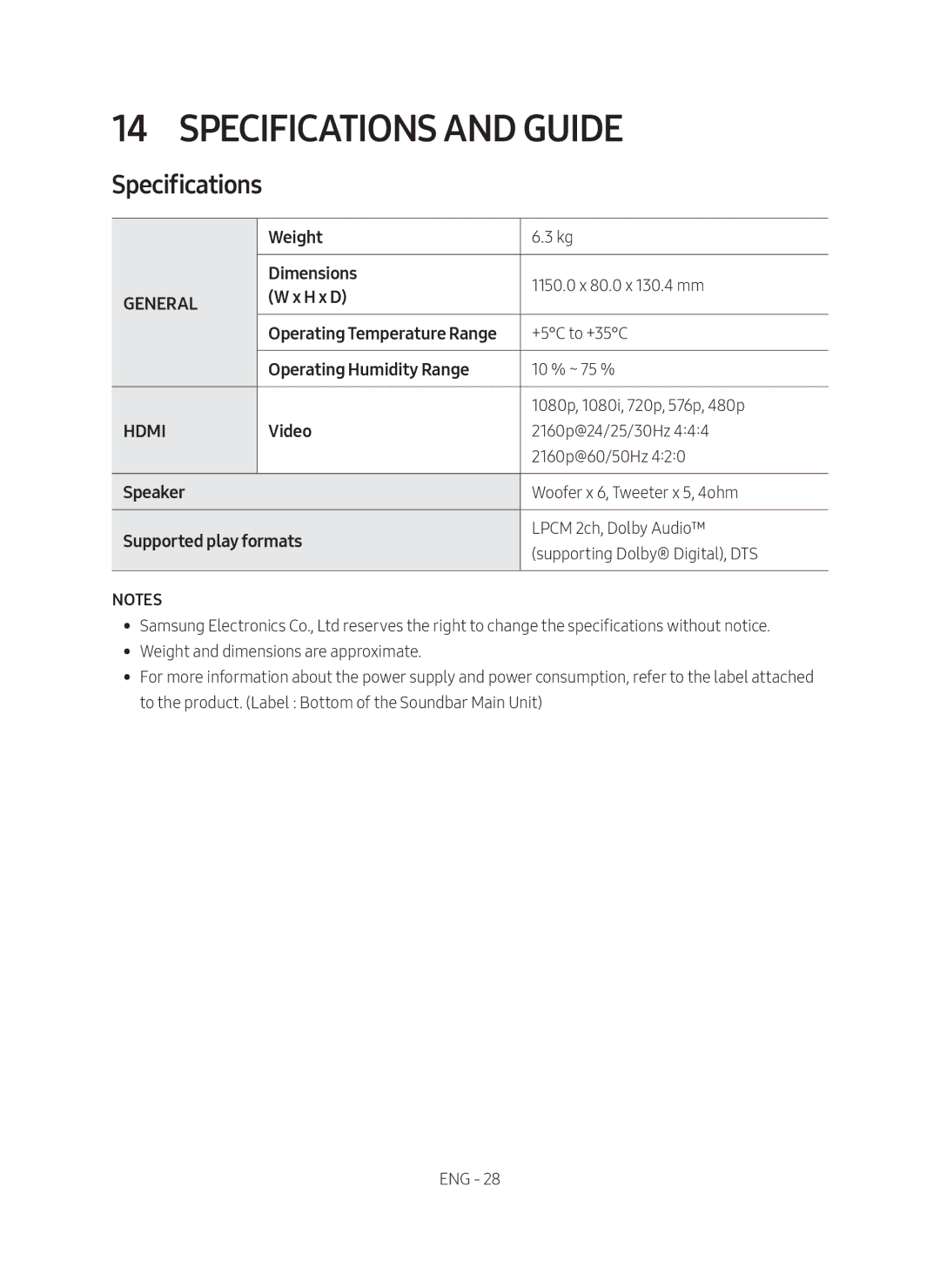 Samsung HW-MS750/XV manual Specifications and Guide, Operating Temperature Range 