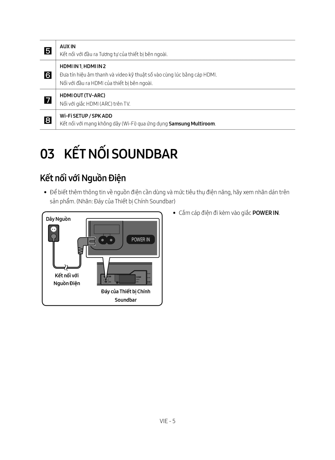 Samsung HW-MS750/XV manual 03 Kết nối Soundbar, Kết nối với Nguồ̀n Điện, Dây Nguồ̀n 